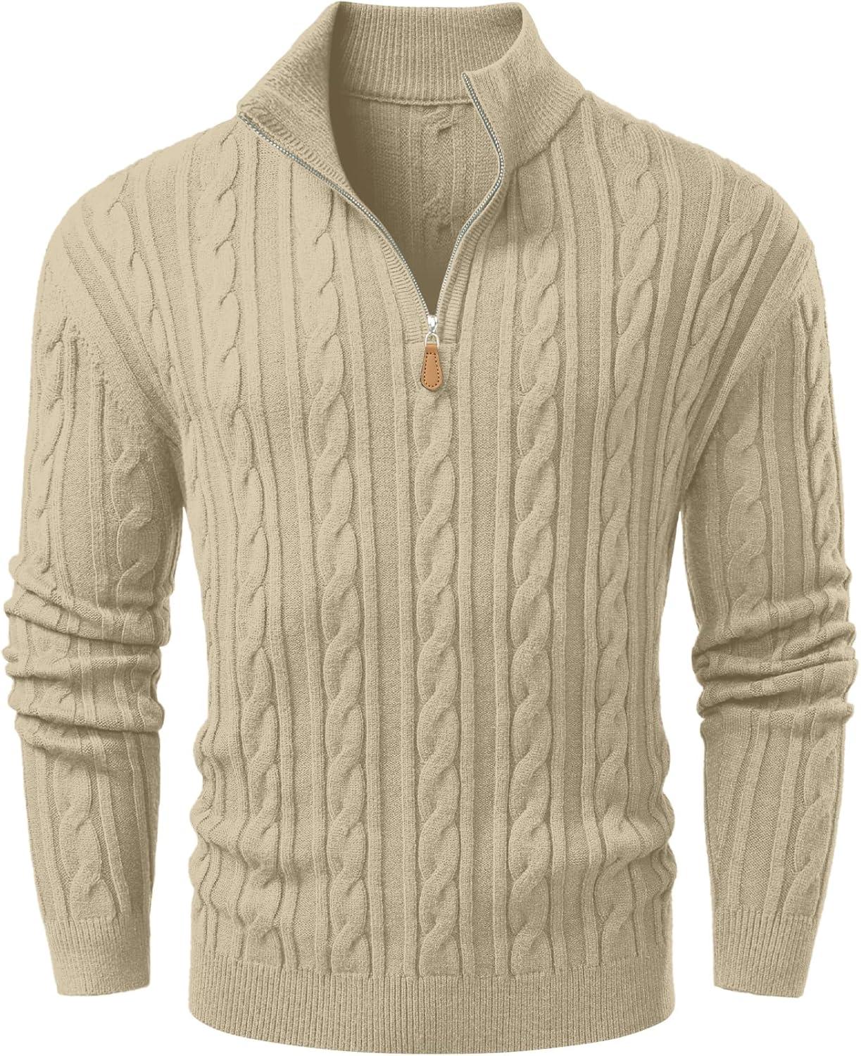 imageJMIERR Mens Quarter Zip Pullover Sweater Cable Knit Casual Stand Collar Texture Knitted SweatersBeige
