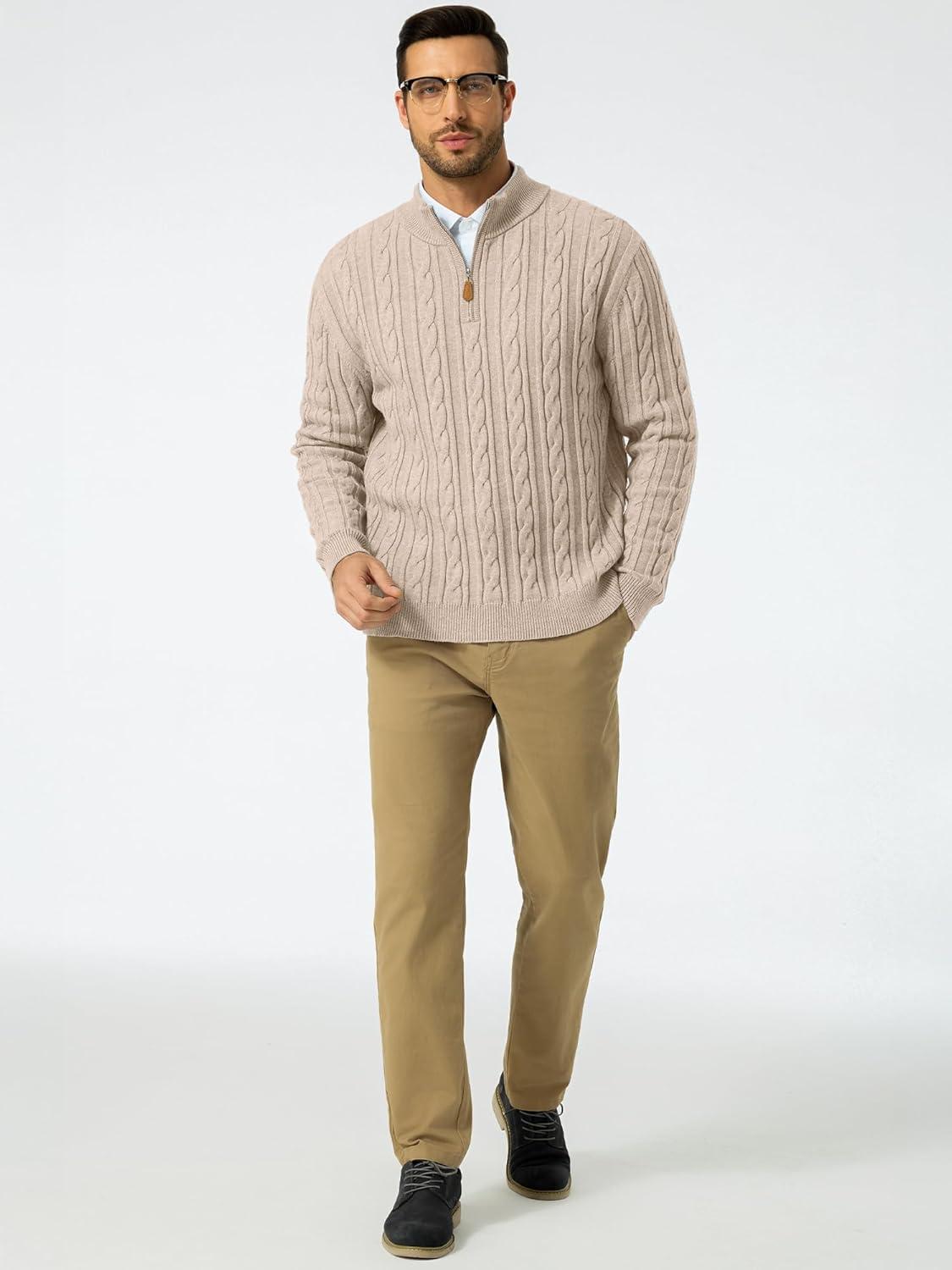 imageJMIERR Mens Quarter Zip Pullover Sweater Cable Knit Casual Stand Collar Texture Knitted SweatersBeige