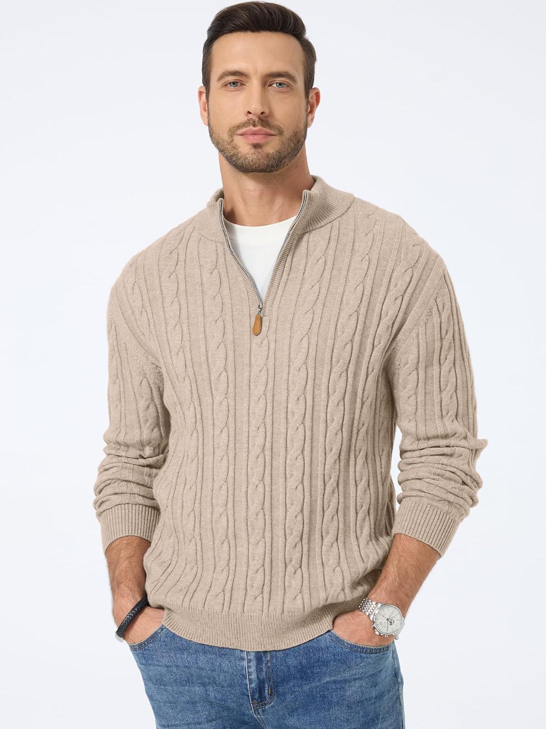 imageJMIERR Mens Quarter Zip Pullover Sweater Cable Knit Casual Stand Collar Texture Knitted SweatersBeige