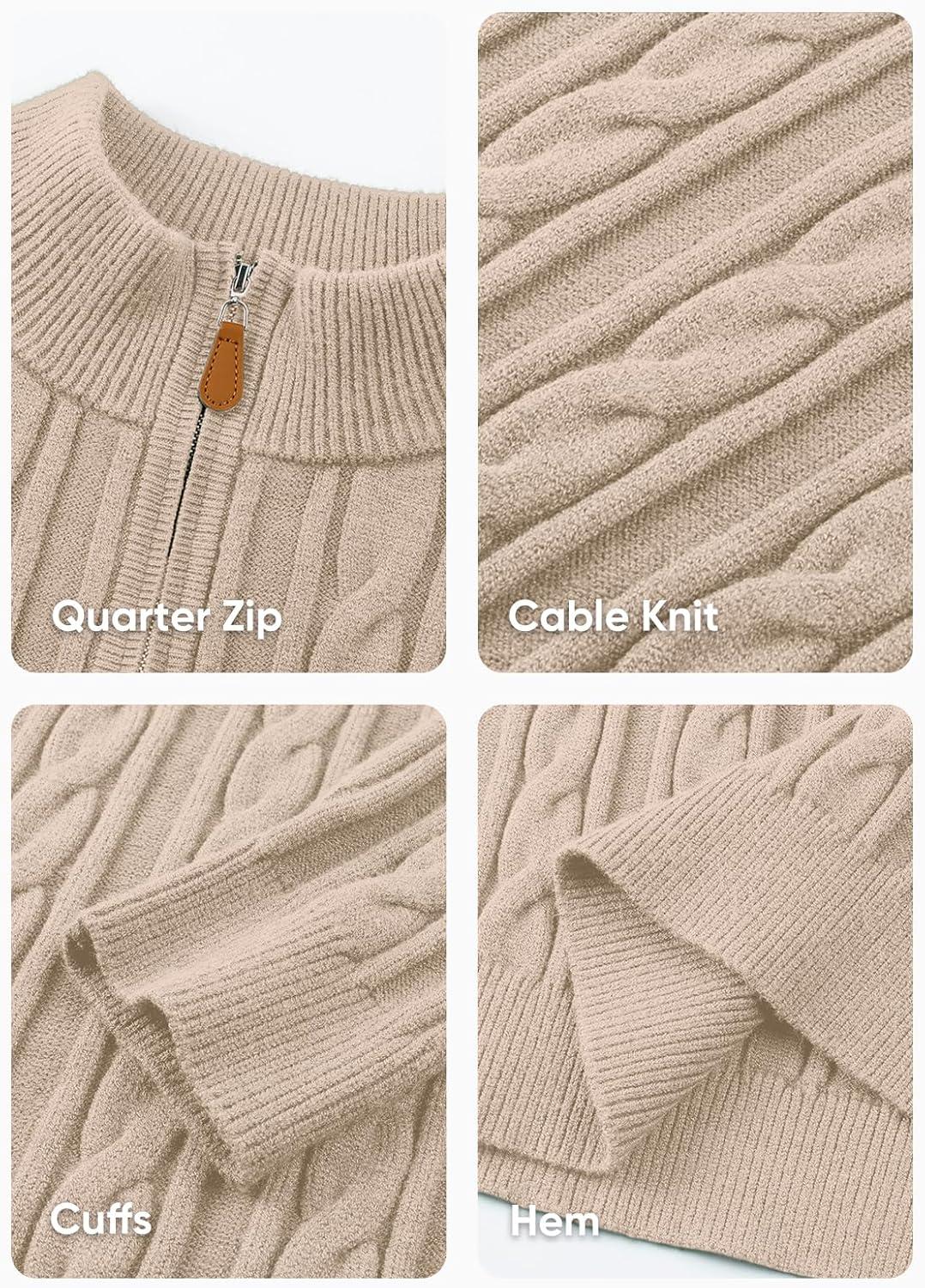 imageJMIERR Mens Quarter Zip Pullover Sweater Cable Knit Casual Stand Collar Texture Knitted SweatersBeige