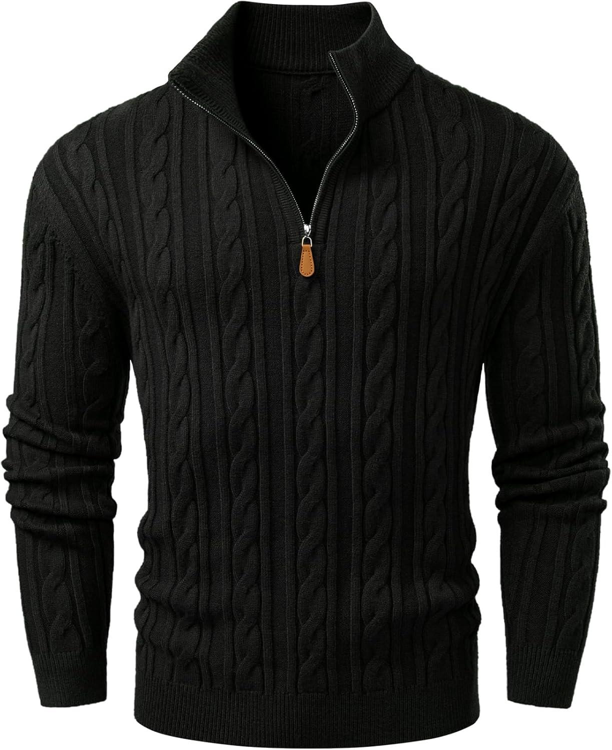 imageJMIERR Mens Quarter Zip Pullover Sweater Cable Knit Casual Stand Collar Texture Knitted SweatersBlack