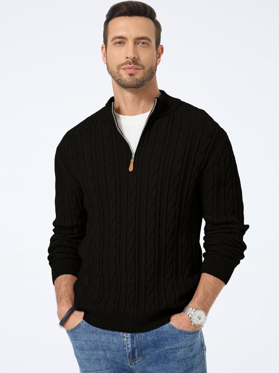 imageJMIERR Mens Quarter Zip Pullover Sweater Cable Knit Casual Stand Collar Texture Knitted SweatersBlack
