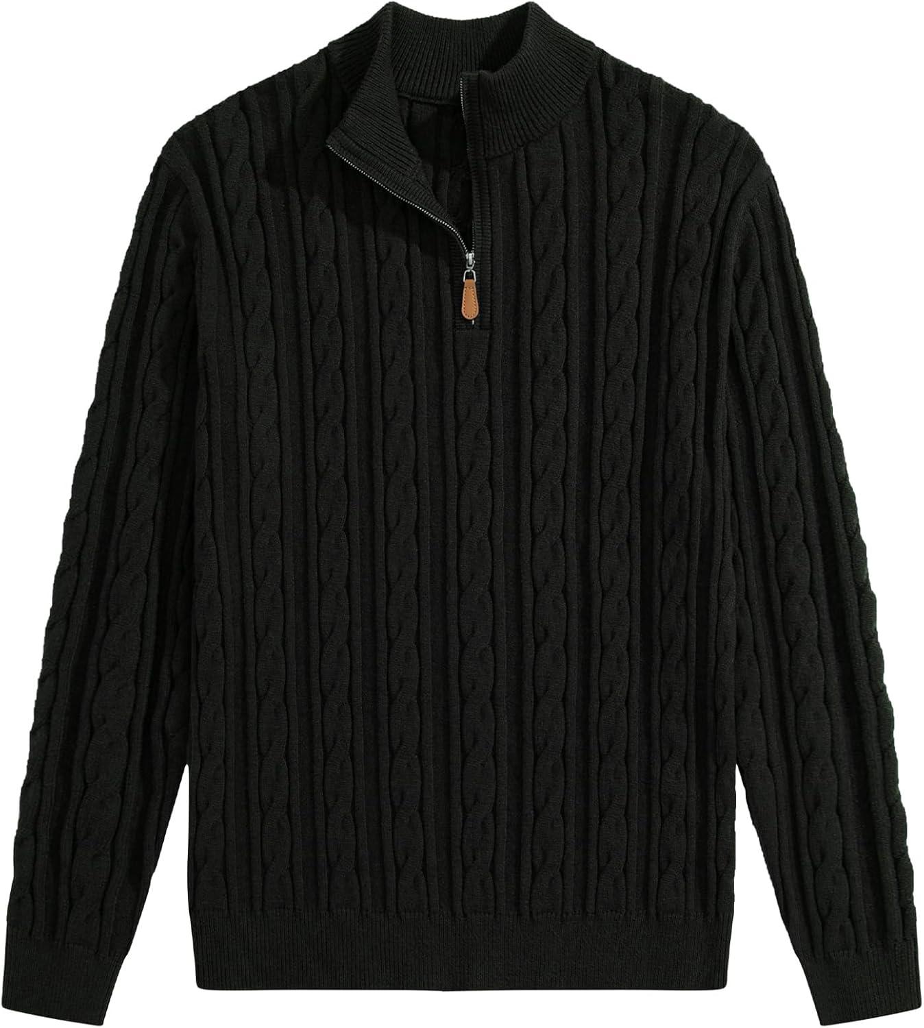 imageJMIERR Mens Quarter Zip Pullover Sweater Cable Knit Casual Stand Collar Texture Knitted SweatersBlack