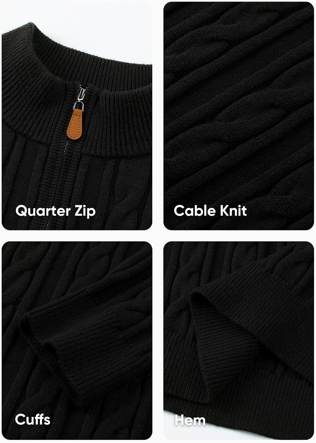 imageJMIERR Mens Quarter Zip Pullover Sweater Cable Knit Casual Stand Collar Texture Knitted SweatersBlack