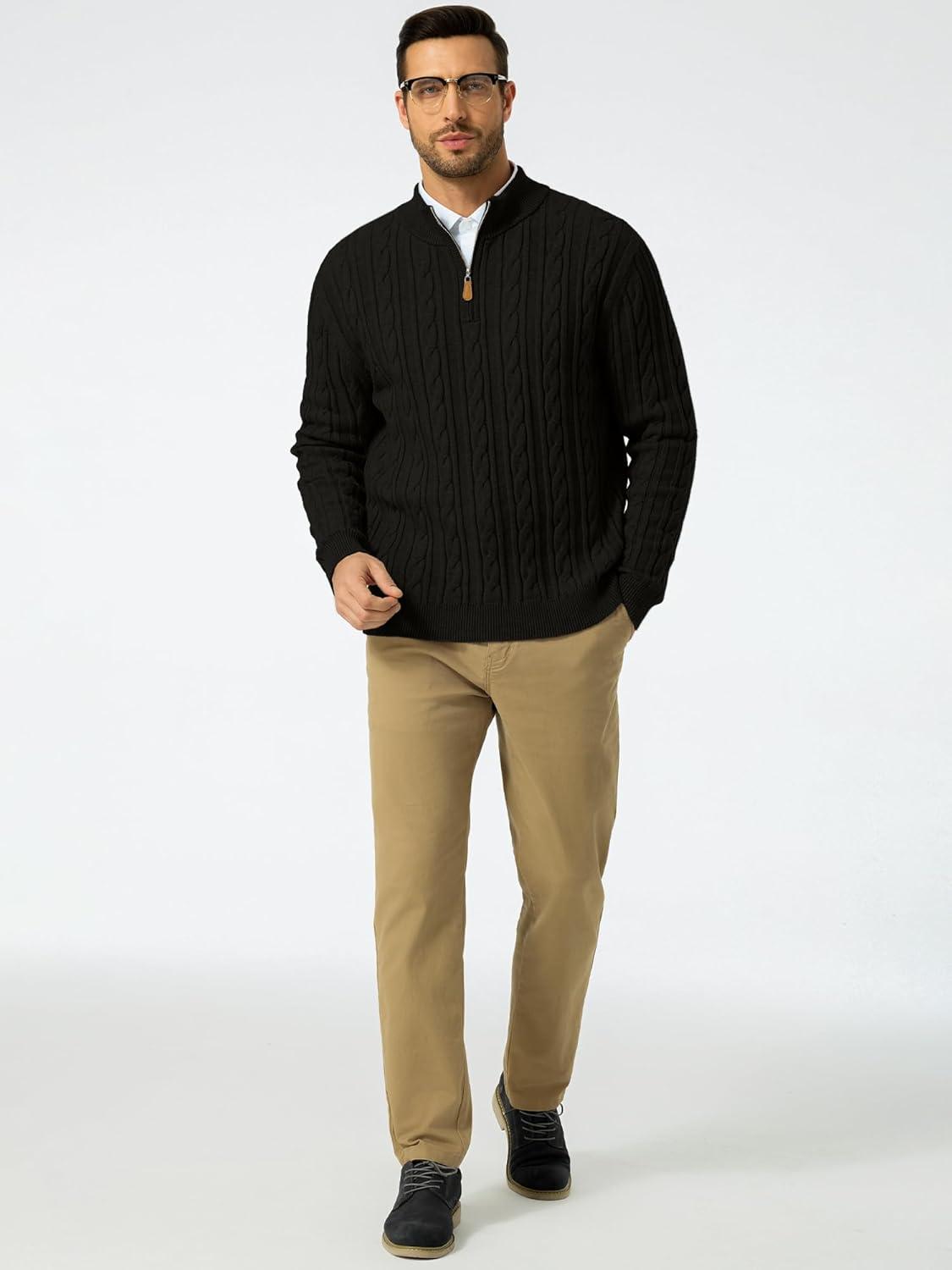 imageJMIERR Mens Quarter Zip Pullover Sweater Cable Knit Casual Stand Collar Texture Knitted SweatersBlack