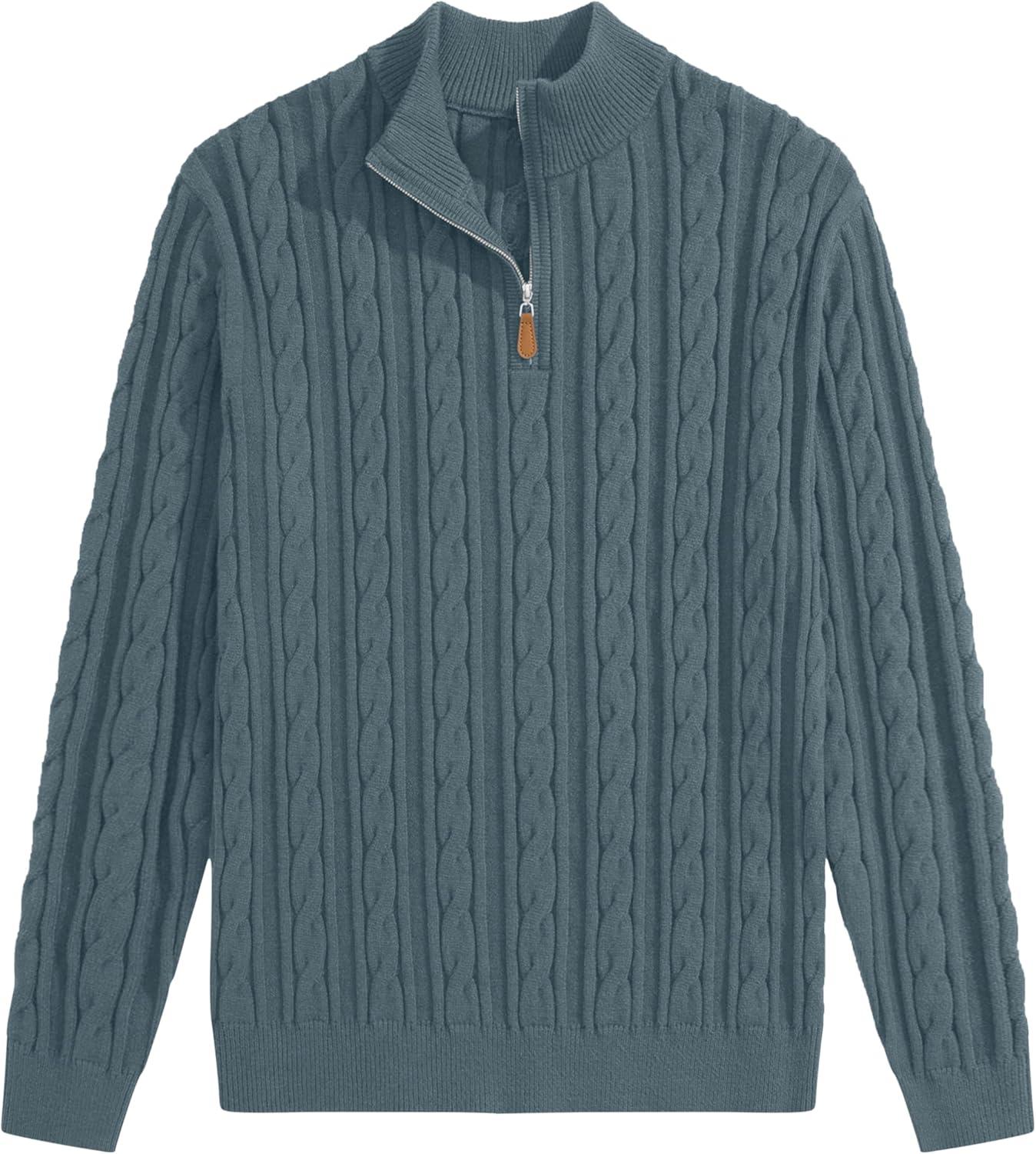 imageJMIERR Mens Quarter Zip Pullover Sweater Cable Knit Casual Stand Collar Texture Knitted SweatersBlue