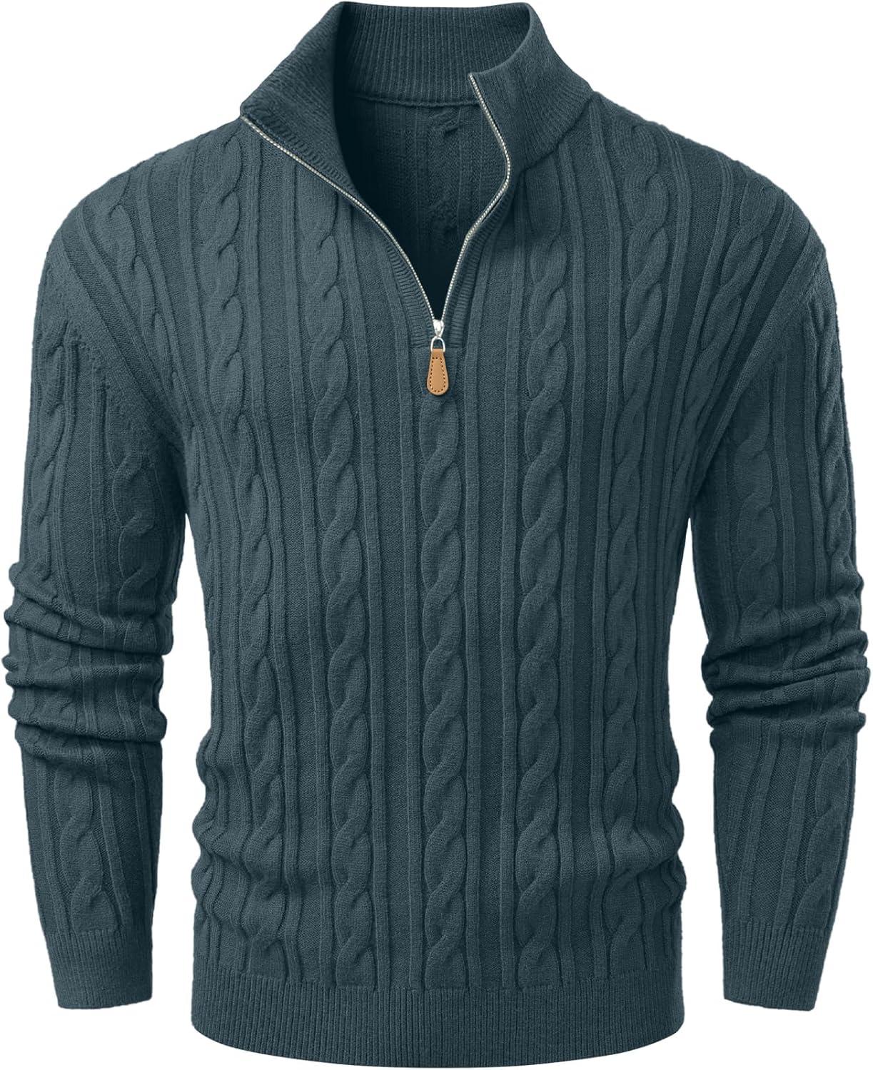 imageJMIERR Mens Quarter Zip Pullover Sweater Cable Knit Casual Stand Collar Texture Knitted SweatersBlue