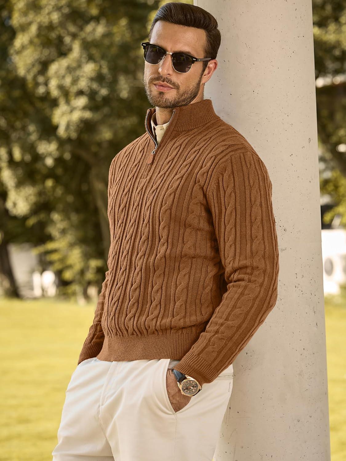 imageJMIERR Mens Quarter Zip Pullover Sweater Cable Knit Casual Stand Collar Texture Knitted SweatersBrown