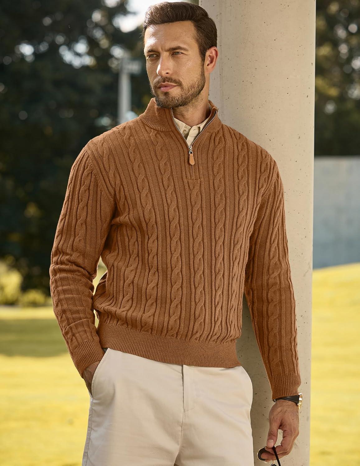 imageJMIERR Mens Quarter Zip Pullover Sweater Cable Knit Casual Stand Collar Texture Knitted SweatersBrown