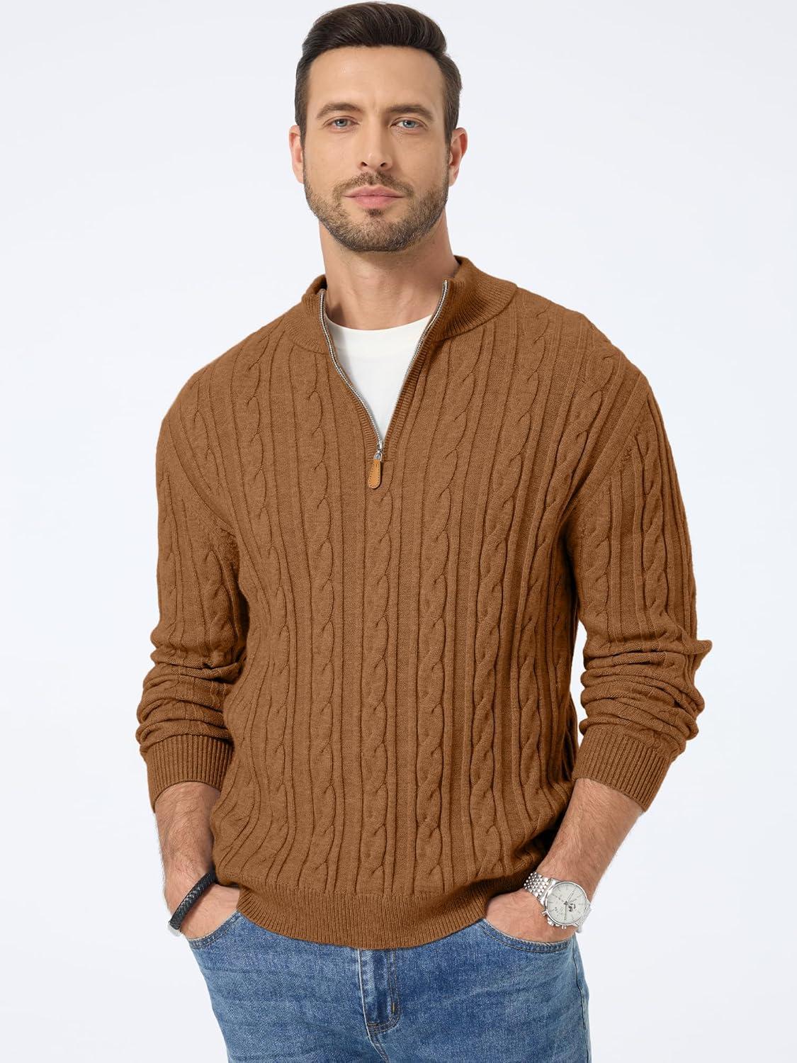imageJMIERR Mens Quarter Zip Pullover Sweater Cable Knit Casual Stand Collar Texture Knitted SweatersBrown