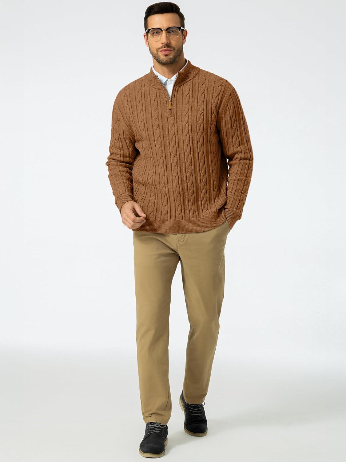 imageJMIERR Mens Quarter Zip Pullover Sweater Cable Knit Casual Stand Collar Texture Knitted SweatersBrown
