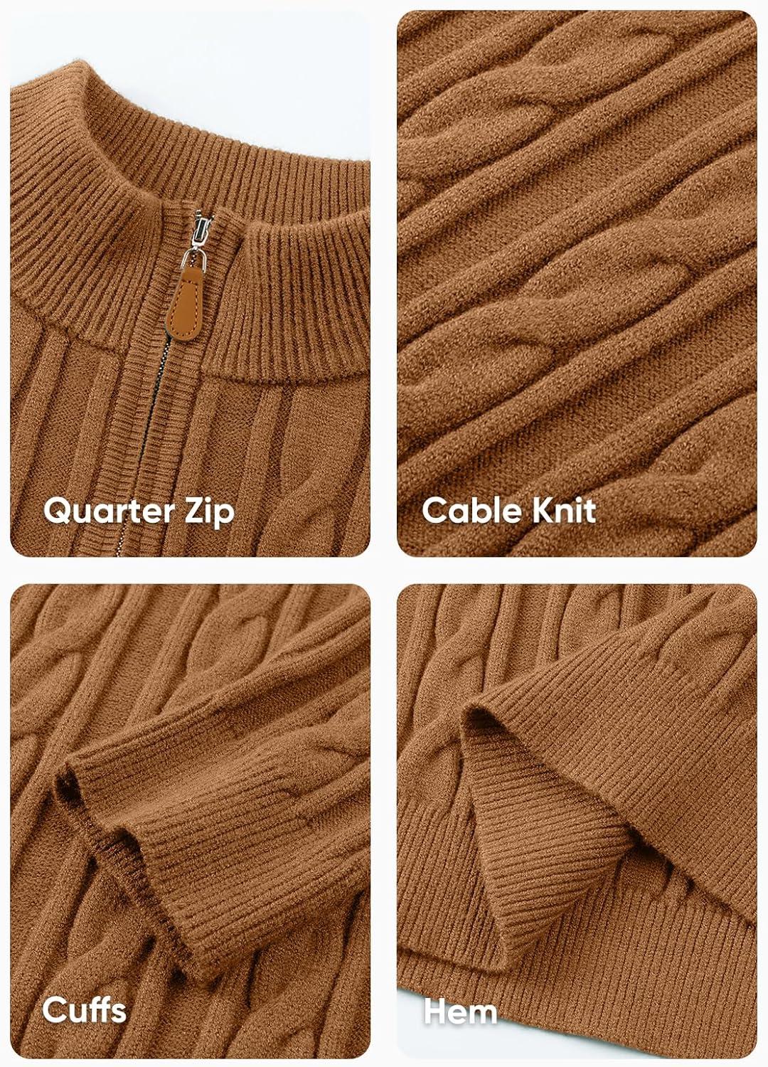 imageJMIERR Mens Quarter Zip Pullover Sweater Cable Knit Casual Stand Collar Texture Knitted SweatersBrown