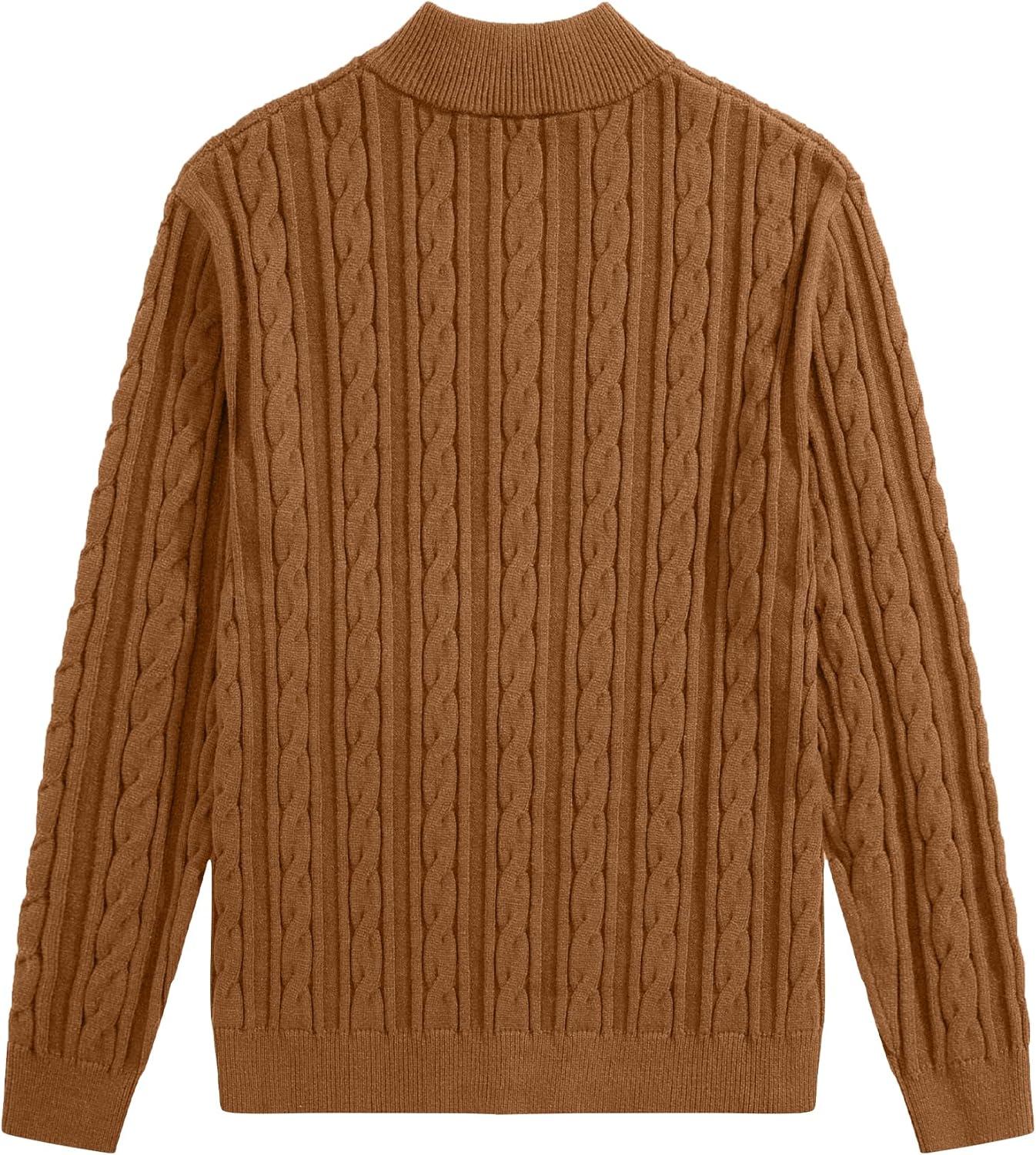 imageJMIERR Mens Quarter Zip Pullover Sweater Cable Knit Casual Stand Collar Texture Knitted SweatersBrown