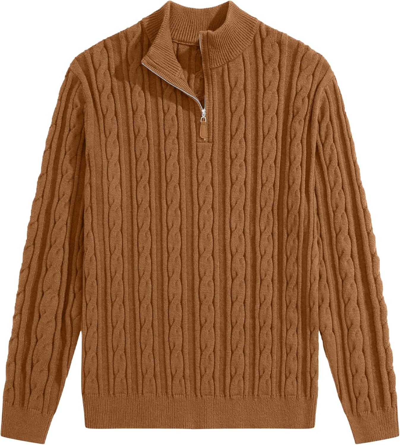 imageJMIERR Mens Quarter Zip Pullover Sweater Cable Knit Casual Stand Collar Texture Knitted SweatersBrown