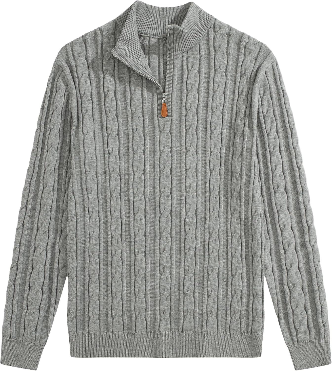 imageJMIERR Mens Quarter Zip Pullover Sweater Cable Knit Casual Stand Collar Texture Knitted SweatersGrey