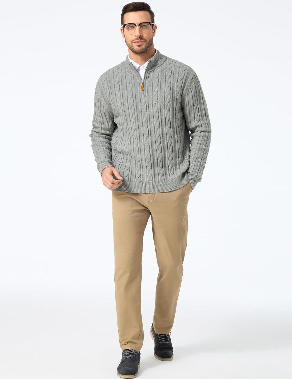 imageJMIERR Mens Quarter Zip Pullover Sweater Cable Knit Casual Stand Collar Texture Knitted SweatersGrey