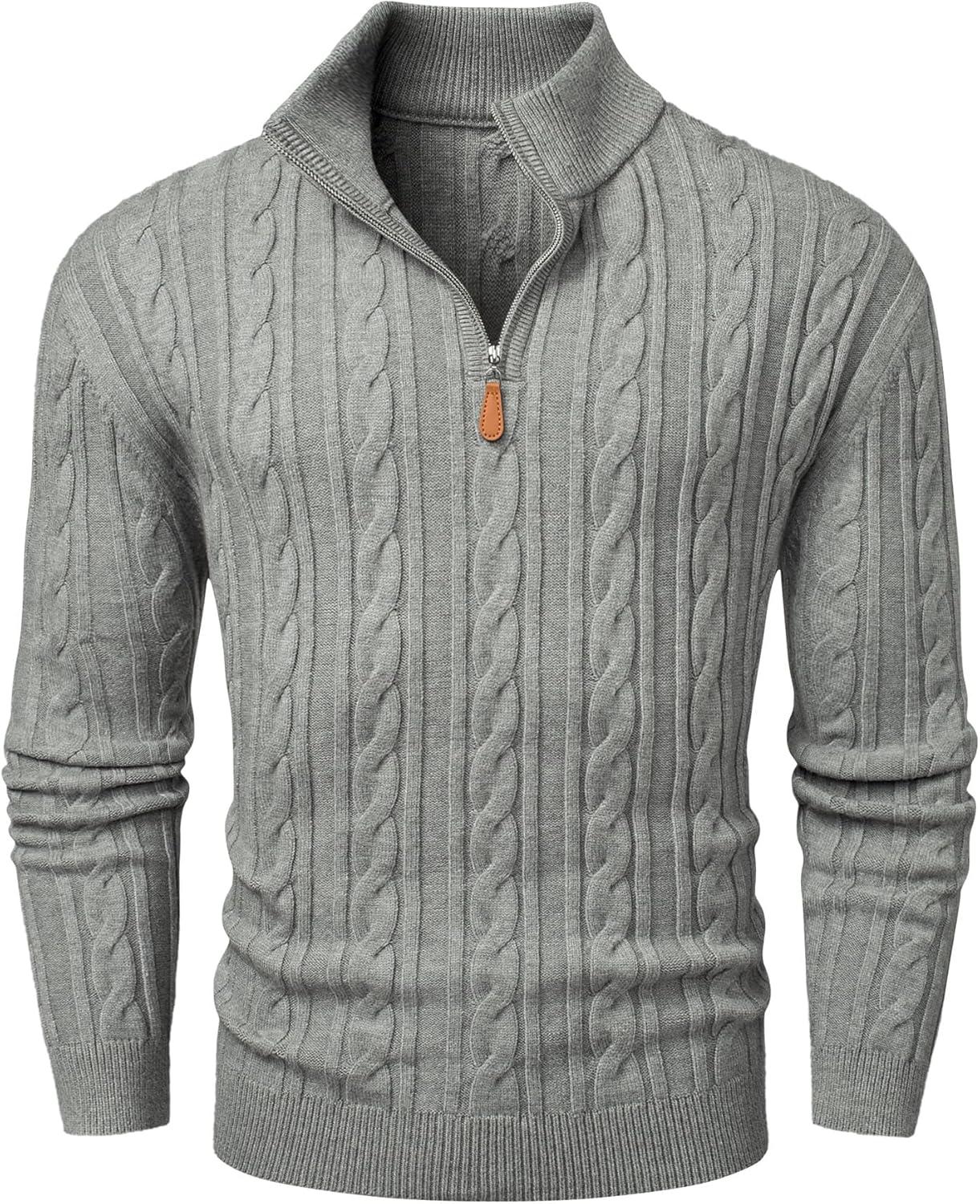 imageJMIERR Mens Quarter Zip Pullover Sweater Cable Knit Casual Stand Collar Texture Knitted SweatersGrey