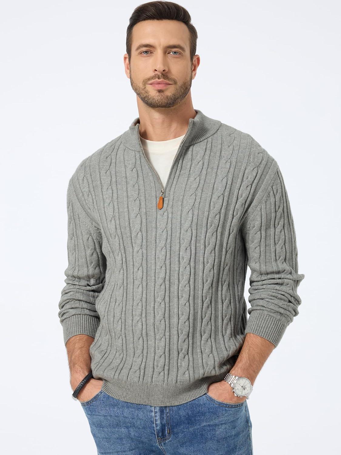 imageJMIERR Mens Quarter Zip Pullover Sweater Cable Knit Casual Stand Collar Texture Knitted SweatersGrey