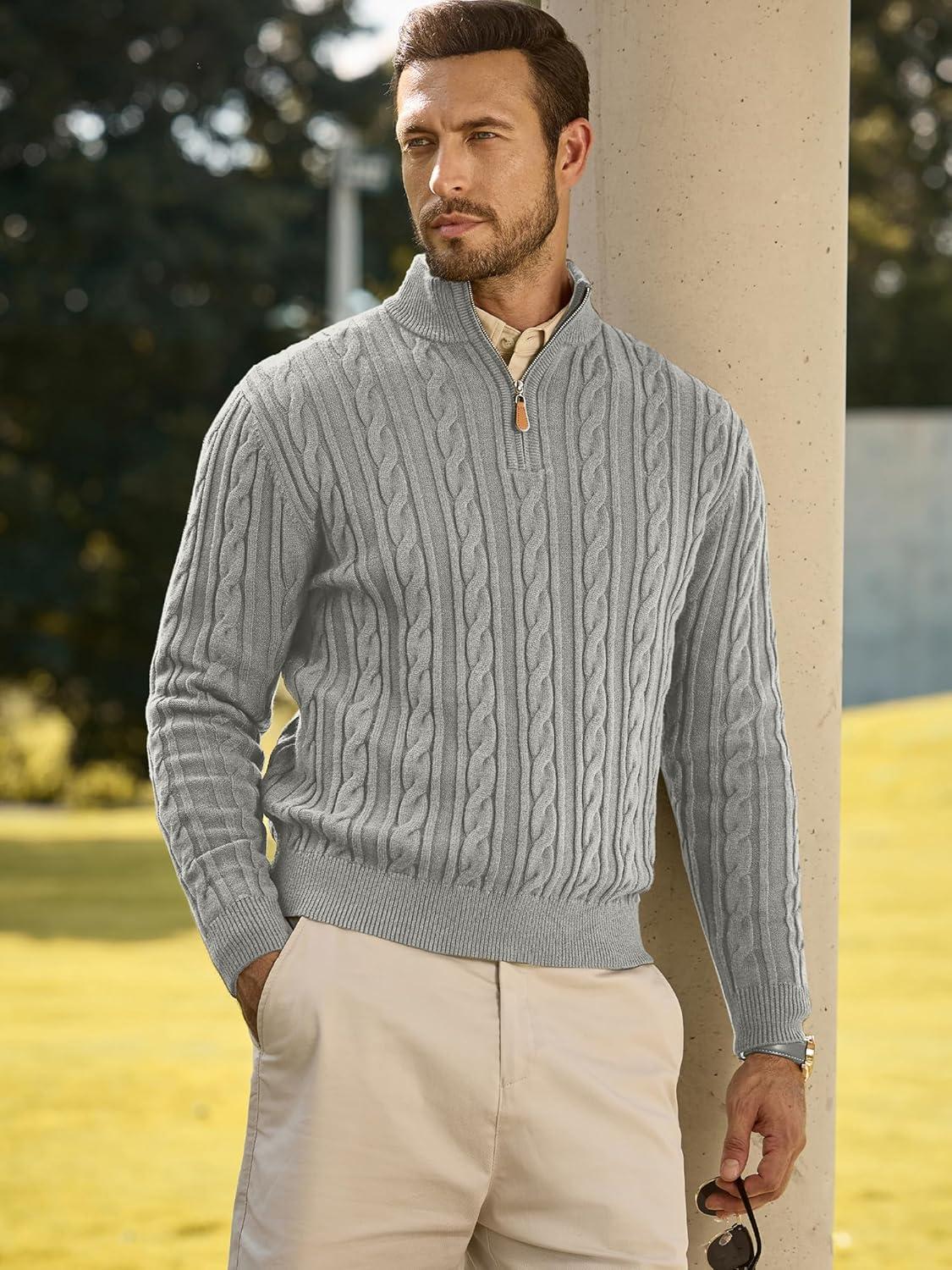 imageJMIERR Mens Quarter Zip Pullover Sweater Cable Knit Casual Stand Collar Texture Knitted SweatersGrey