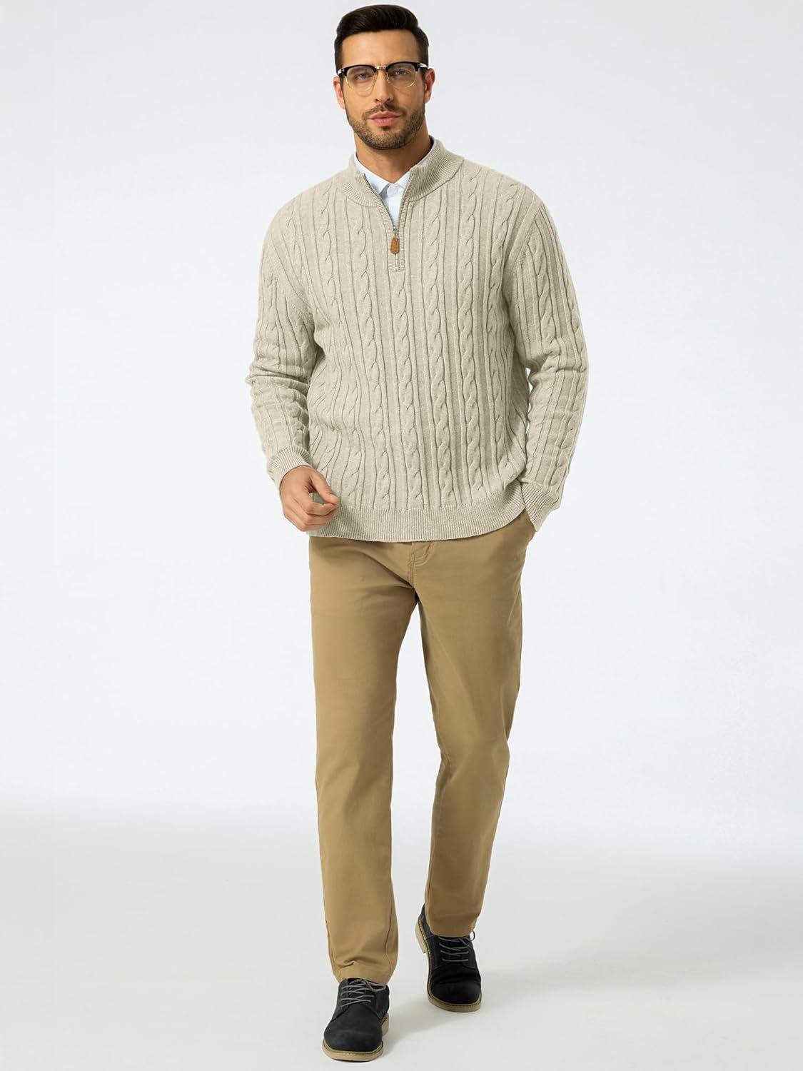imageJMIERR Mens Quarter Zip Pullover Sweater Cable Knit Casual Stand Collar Texture Knitted SweatersLight Beige