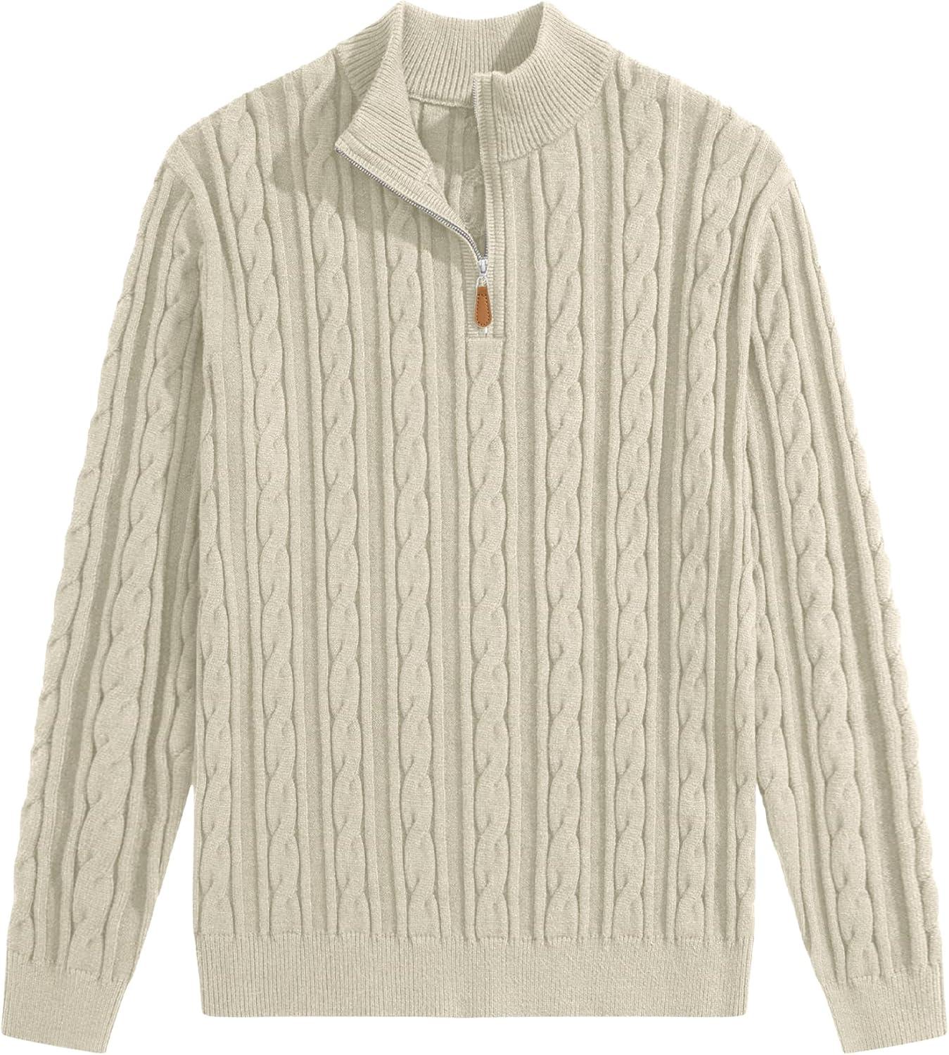 imageJMIERR Mens Quarter Zip Pullover Sweater Cable Knit Casual Stand Collar Texture Knitted SweatersLight Beige