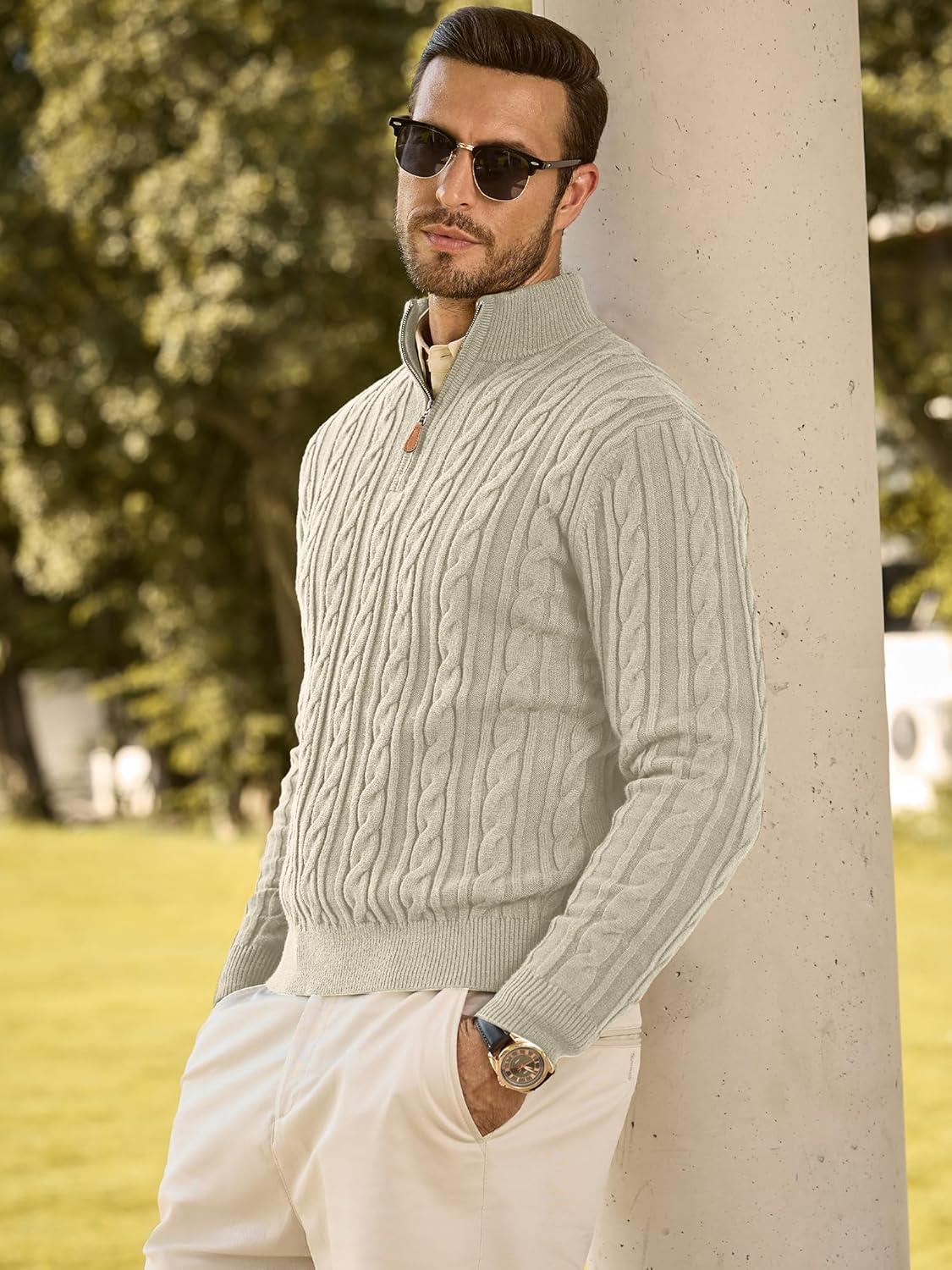 imageJMIERR Mens Quarter Zip Pullover Sweater Cable Knit Casual Stand Collar Texture Knitted SweatersLight Beige