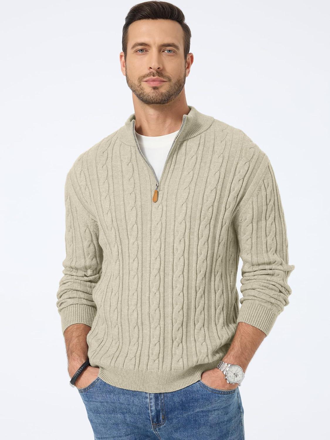 imageJMIERR Mens Quarter Zip Pullover Sweater Cable Knit Casual Stand Collar Texture Knitted SweatersLight Beige