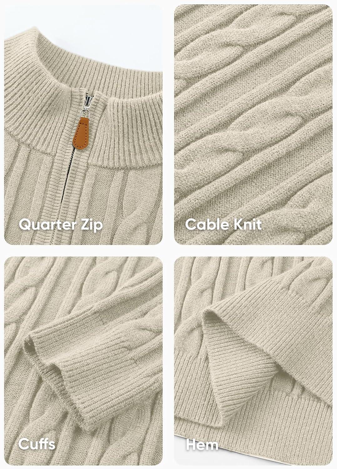 imageJMIERR Mens Quarter Zip Pullover Sweater Cable Knit Casual Stand Collar Texture Knitted SweatersLight Beige