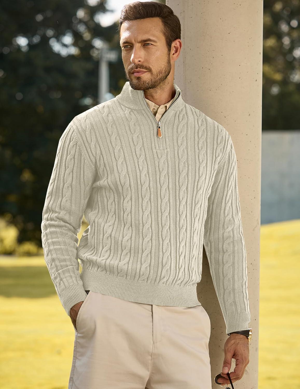 imageJMIERR Mens Quarter Zip Pullover Sweater Cable Knit Casual Stand Collar Texture Knitted SweatersLight Beige