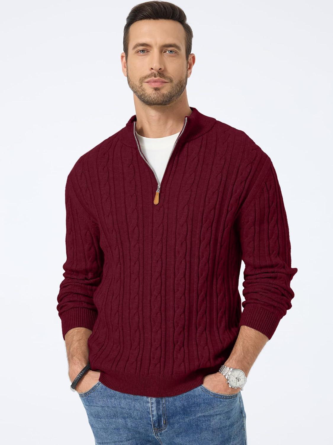 imageJMIERR Mens Quarter Zip Pullover Sweater Cable Knit Casual Stand Collar Texture Knitted SweatersRed