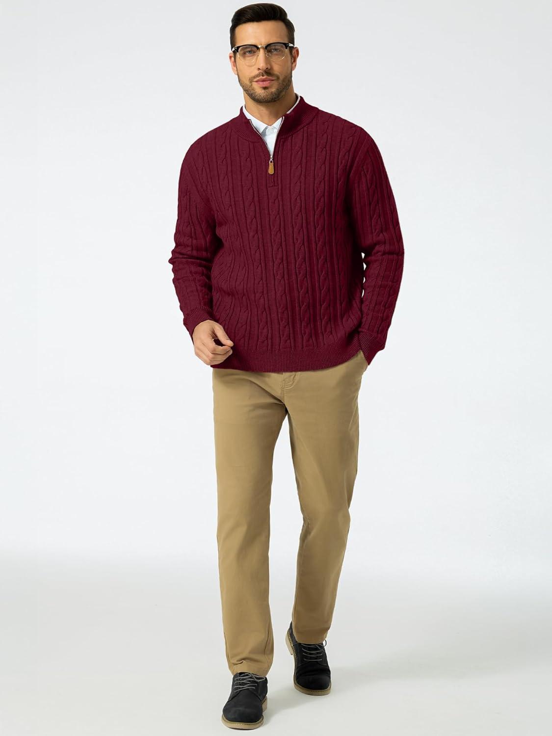 imageJMIERR Mens Quarter Zip Pullover Sweater Cable Knit Casual Stand Collar Texture Knitted SweatersRed