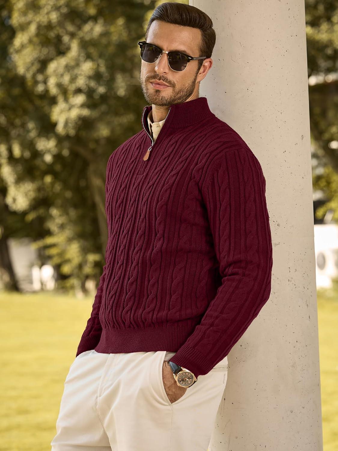 imageJMIERR Mens Quarter Zip Pullover Sweater Cable Knit Casual Stand Collar Texture Knitted SweatersRed