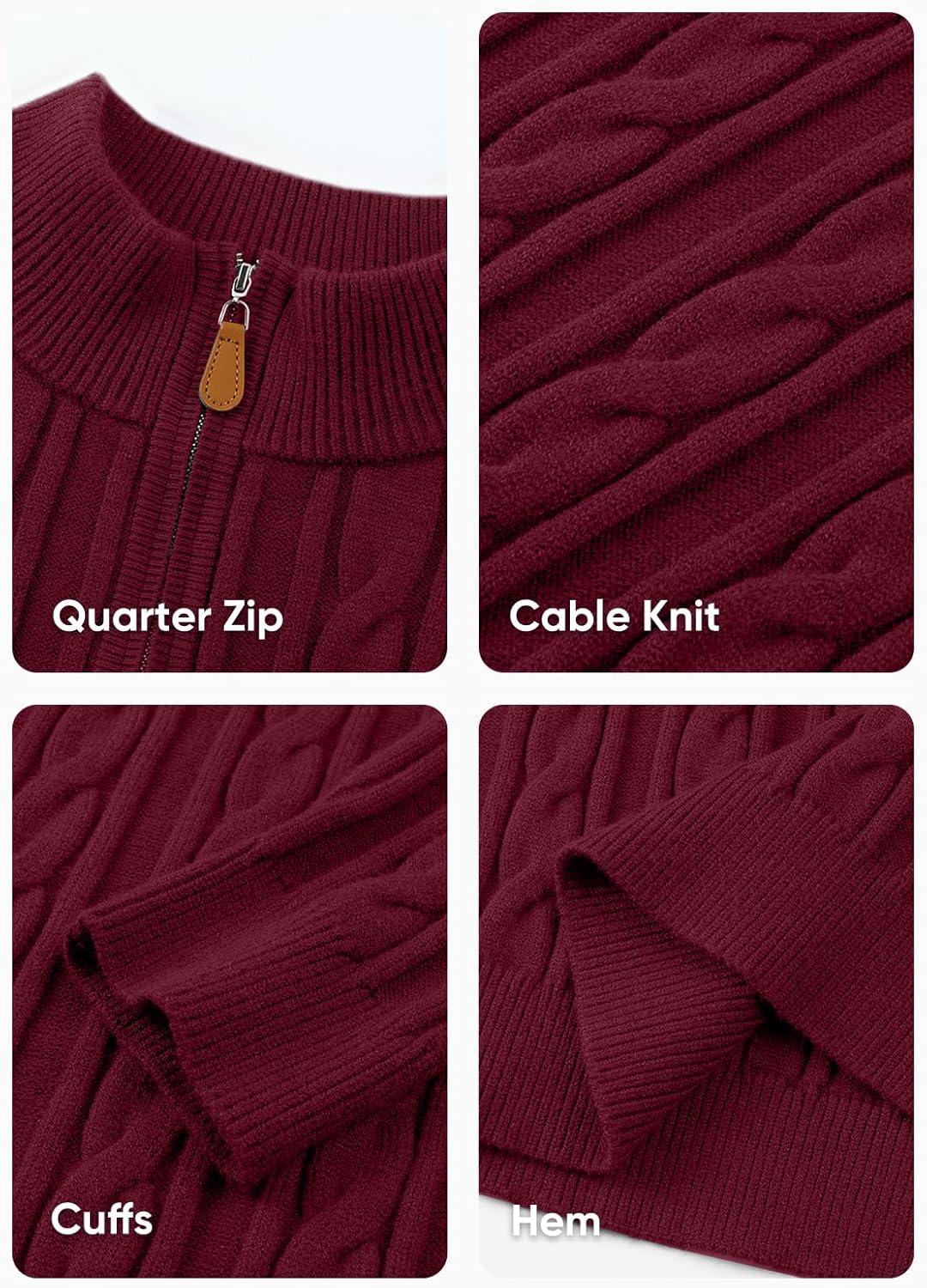 imageJMIERR Mens Quarter Zip Pullover Sweater Cable Knit Casual Stand Collar Texture Knitted SweatersRed