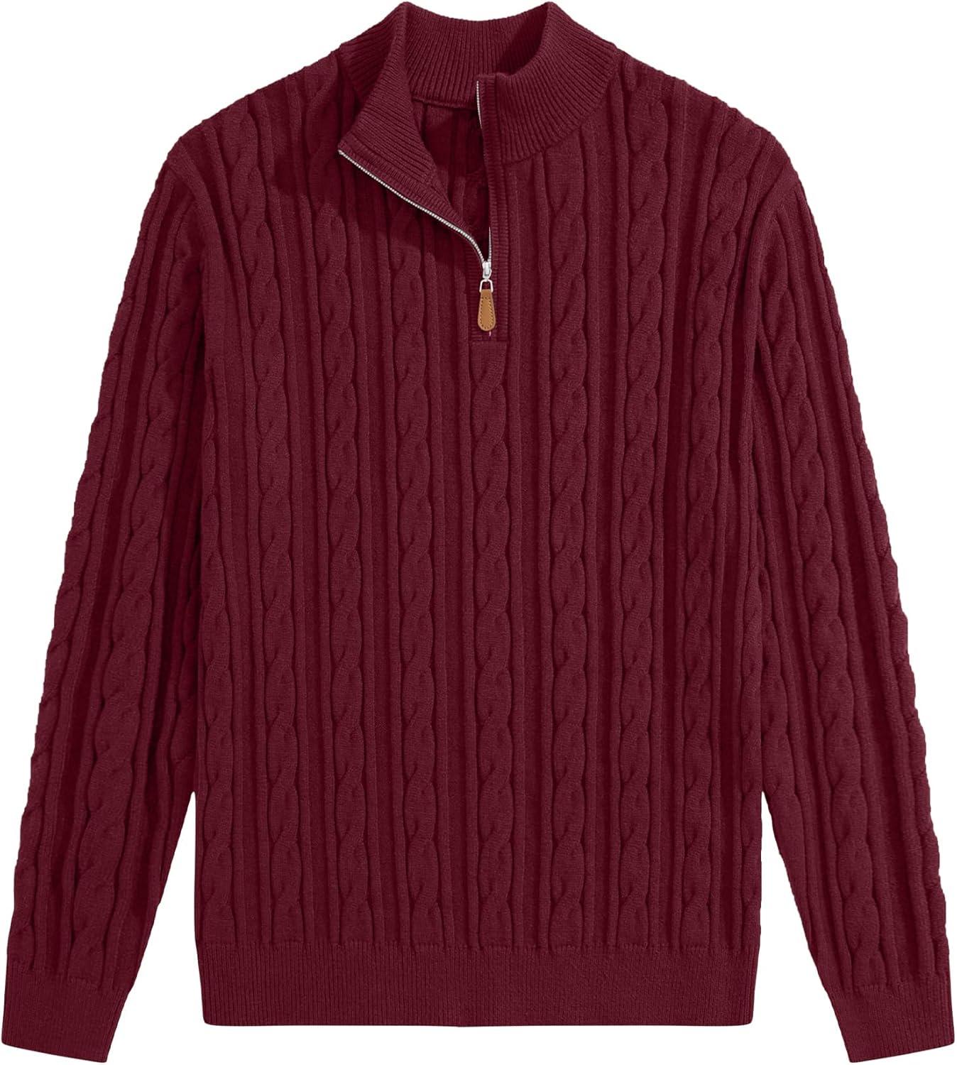 imageJMIERR Mens Quarter Zip Pullover Sweater Cable Knit Casual Stand Collar Texture Knitted SweatersRed