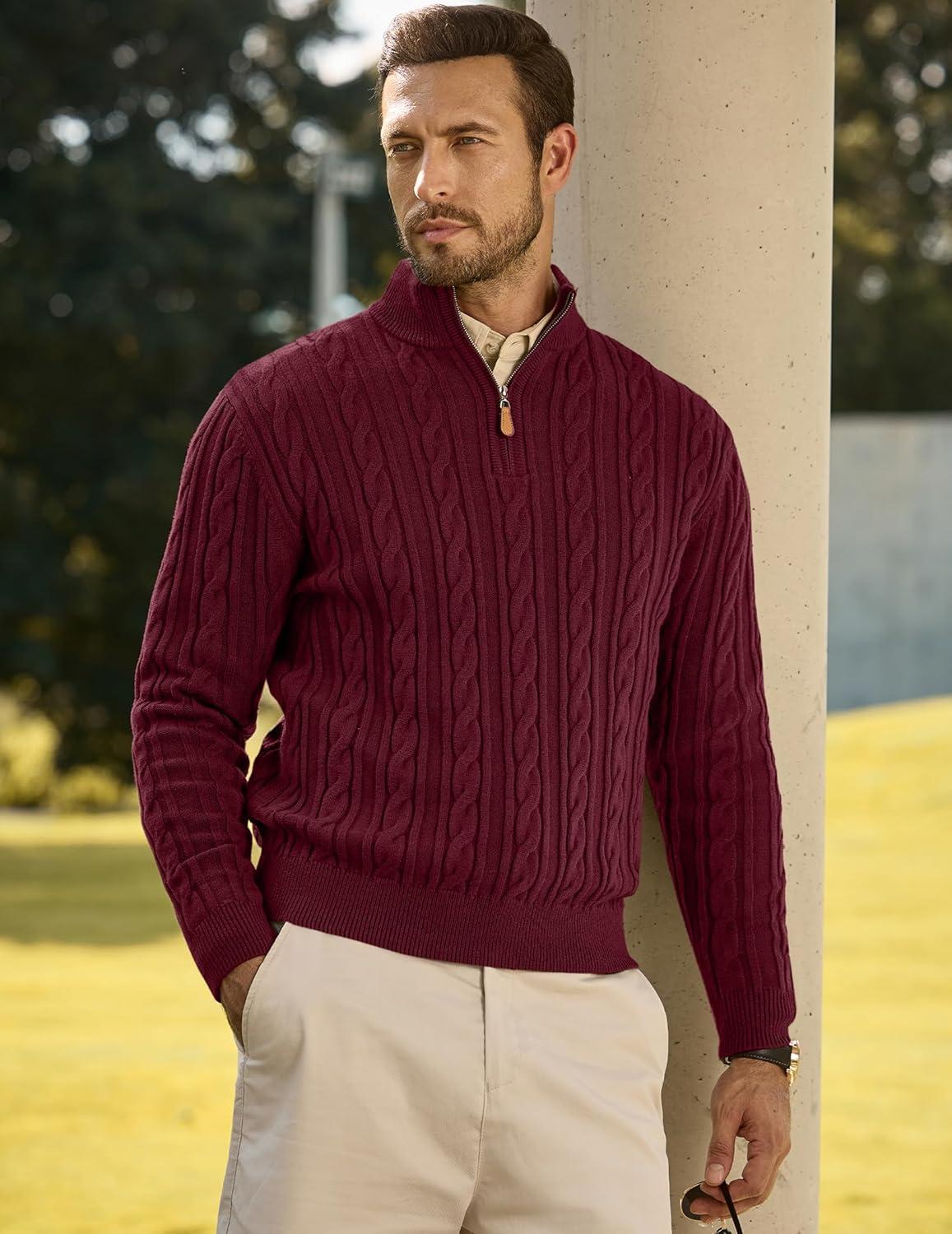 imageJMIERR Mens Quarter Zip Pullover Sweater Cable Knit Casual Stand Collar Texture Knitted SweatersRed