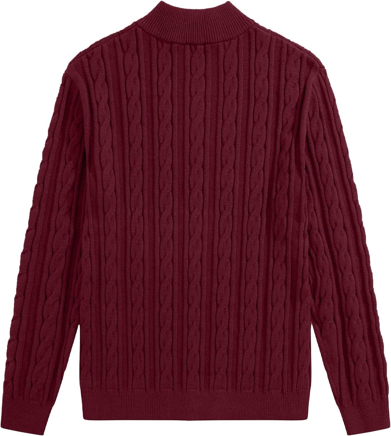 imageJMIERR Mens Quarter Zip Pullover Sweater Cable Knit Casual Stand Collar Texture Knitted SweatersRed