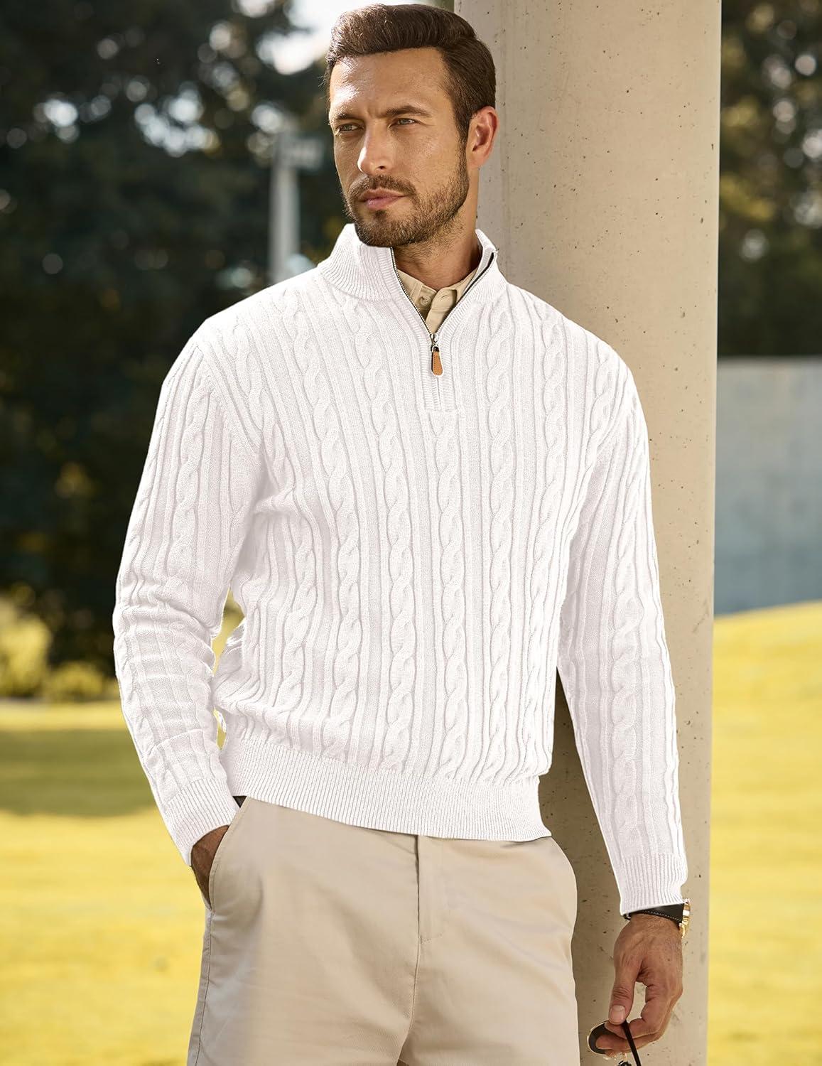 imageJMIERR Mens Quarter Zip Pullover Sweater Cable Knit Casual Stand Collar Texture Knitted SweatersWhite