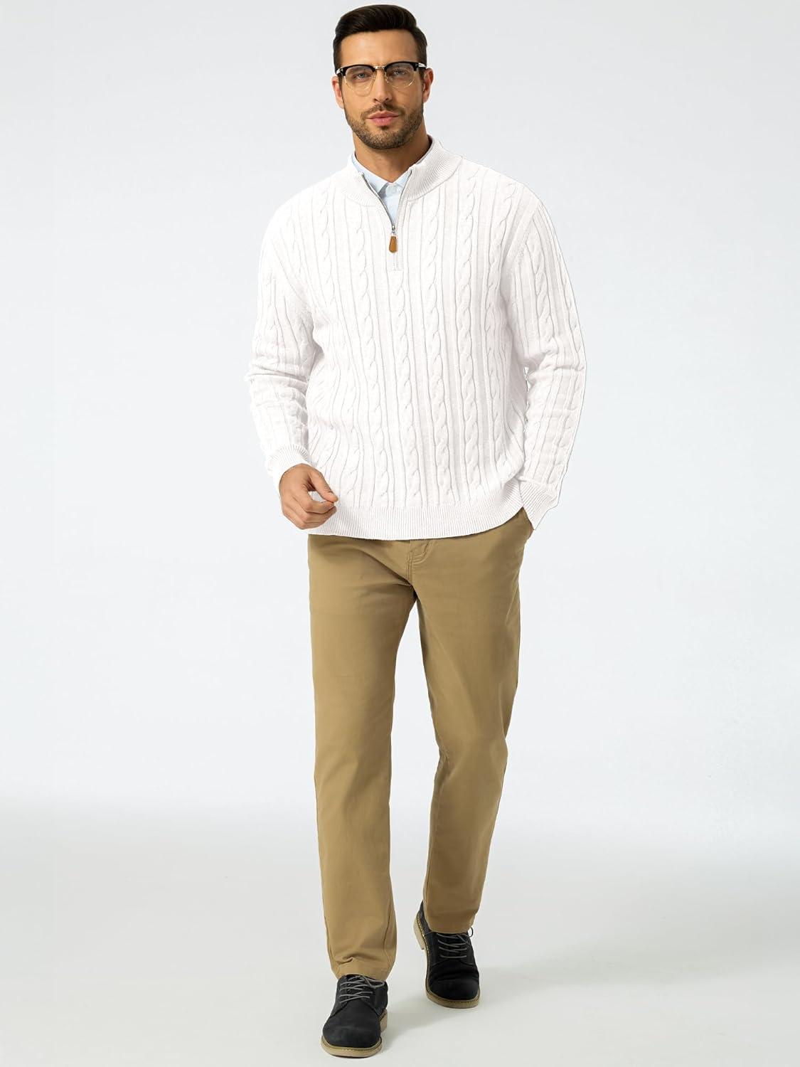 imageJMIERR Mens Quarter Zip Pullover Sweater Cable Knit Casual Stand Collar Texture Knitted SweatersWhite
