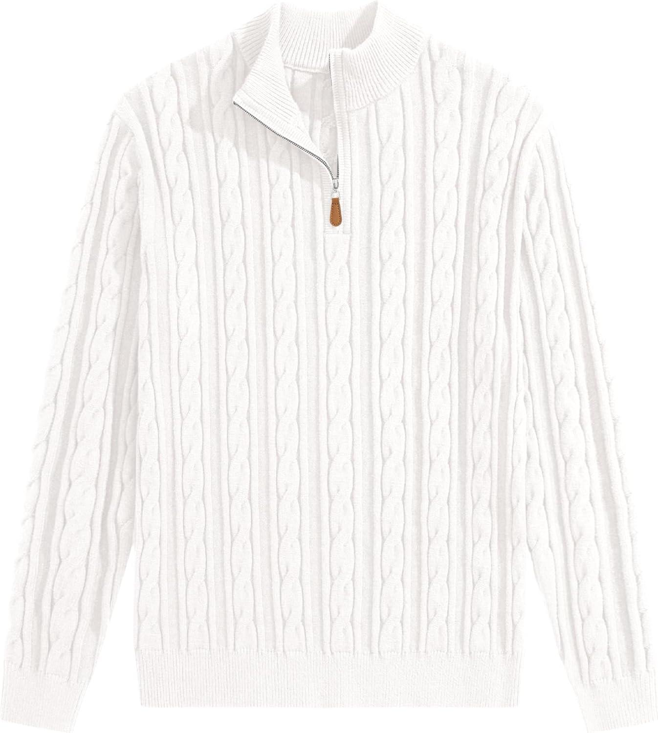 imageJMIERR Mens Quarter Zip Pullover Sweater Cable Knit Casual Stand Collar Texture Knitted SweatersWhite