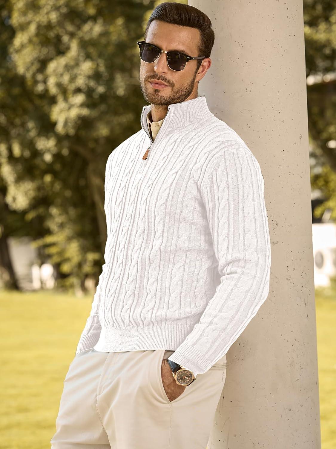 imageJMIERR Mens Quarter Zip Pullover Sweater Cable Knit Casual Stand Collar Texture Knitted SweatersWhite