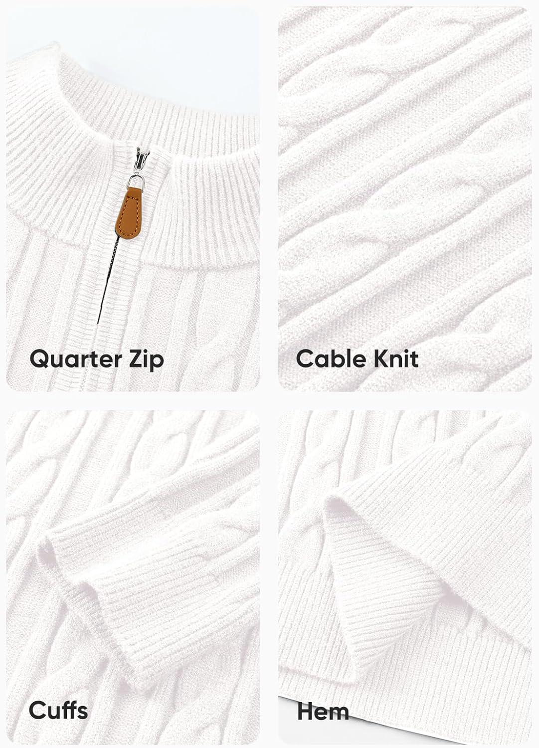 imageJMIERR Mens Quarter Zip Pullover Sweater Cable Knit Casual Stand Collar Texture Knitted SweatersWhite