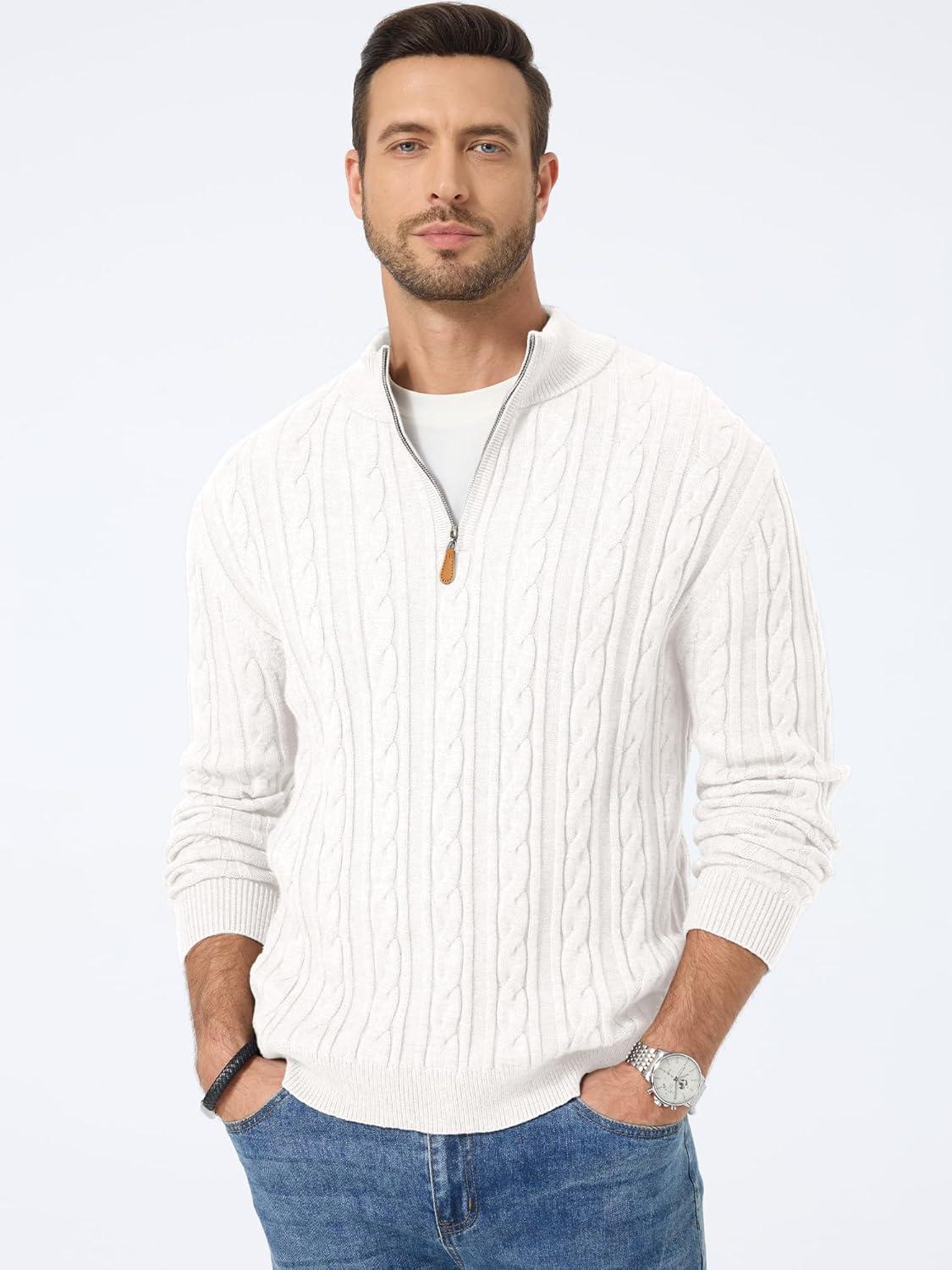 imageJMIERR Mens Quarter Zip Pullover Sweater Cable Knit Casual Stand Collar Texture Knitted SweatersWhite