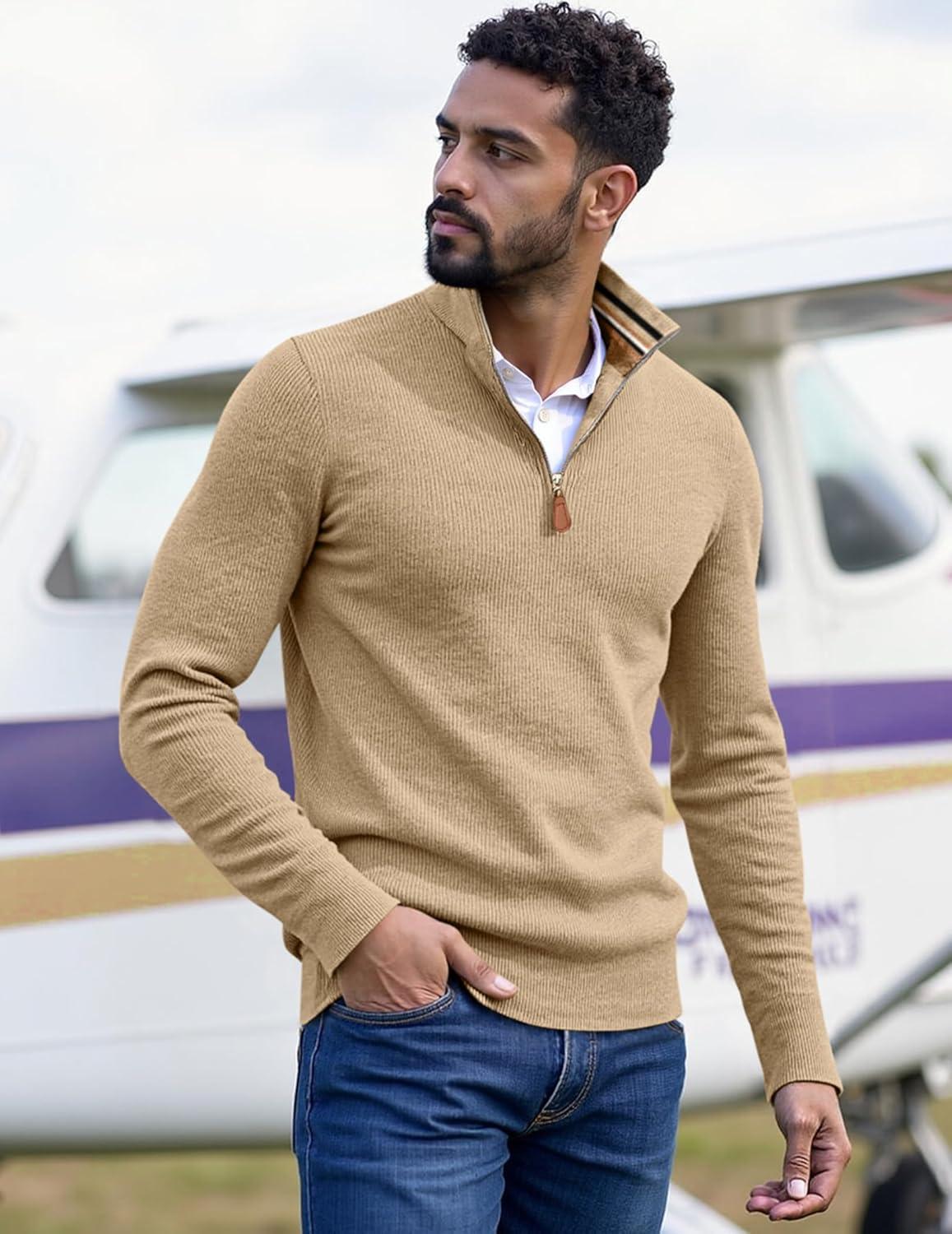 imageJMIERR Mens Quarter Zip Pullover Sweaters Casual Long Sleeve Fall Knit Texture SweaterBeige