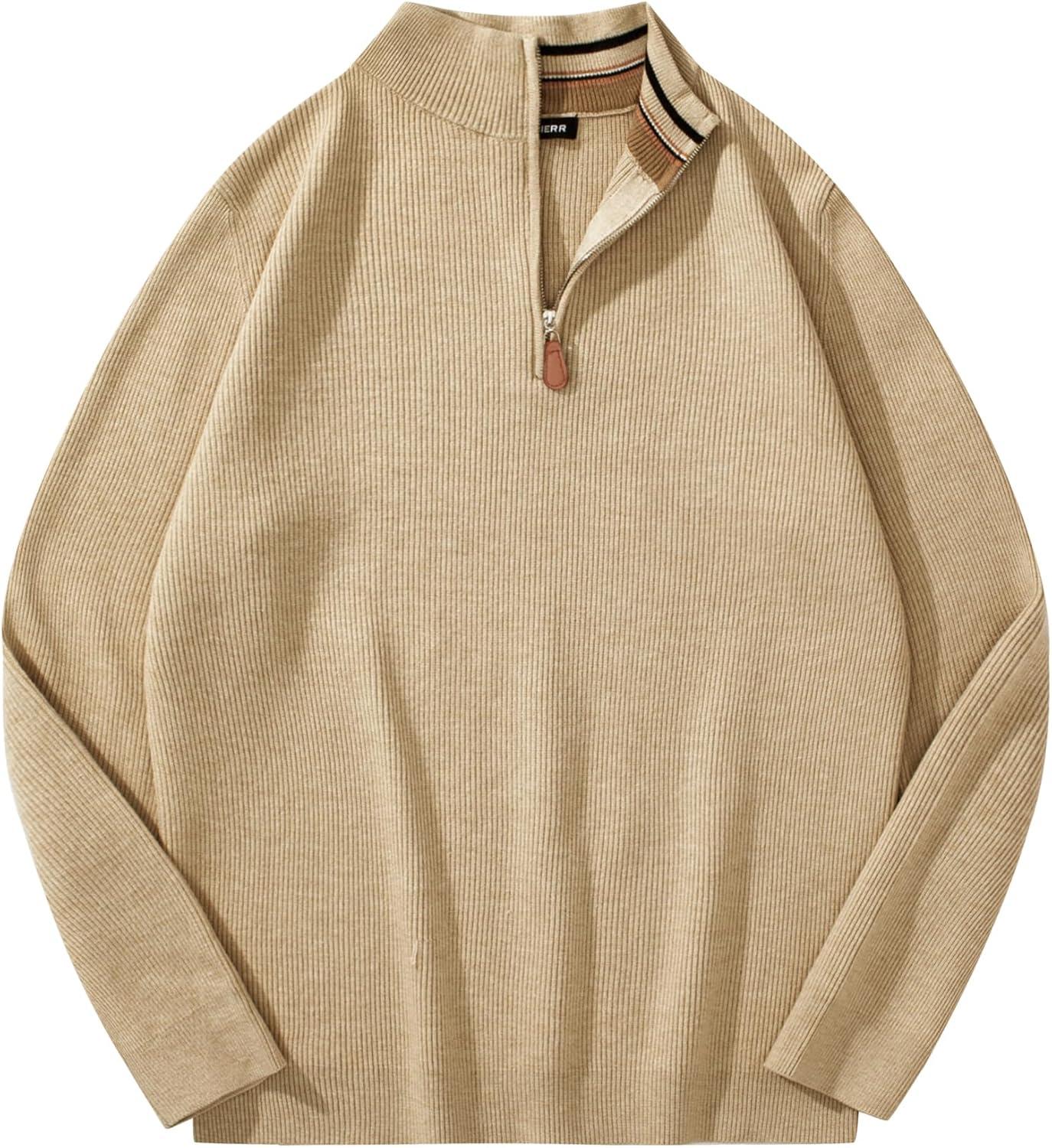 imageJMIERR Mens Quarter Zip Pullover Sweaters Casual Long Sleeve Fall Knit Texture SweaterBeige
