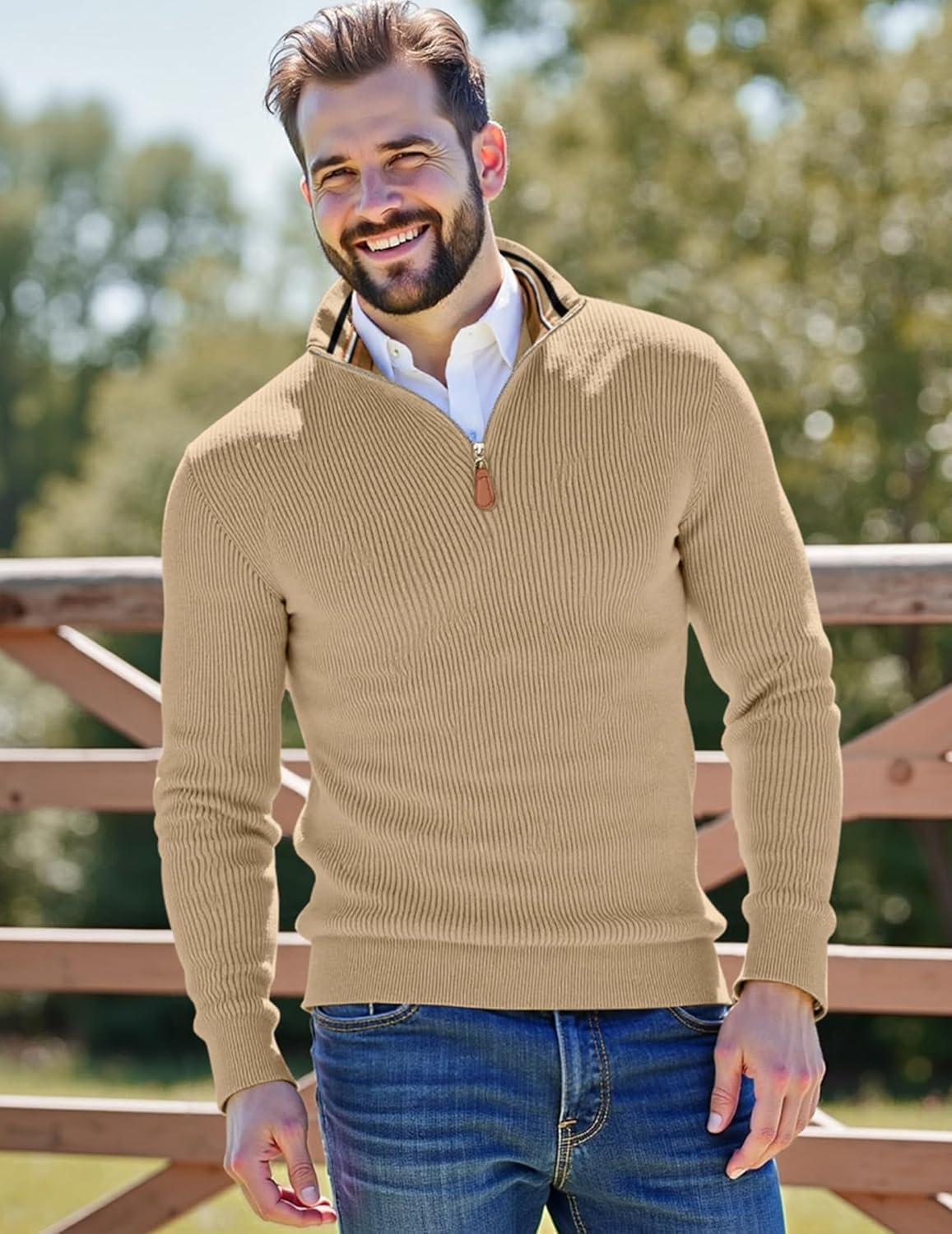 imageJMIERR Mens Quarter Zip Pullover Sweaters Casual Long Sleeve Fall Knit Texture SweaterBeige
