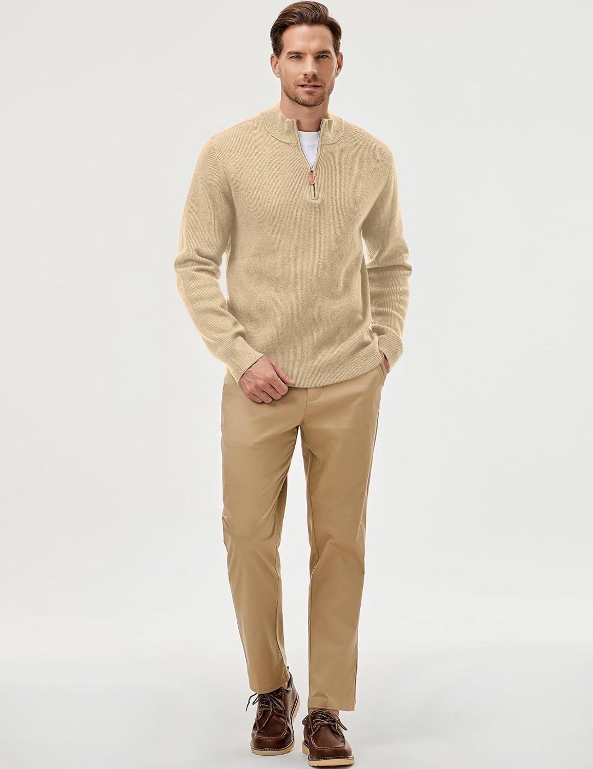 imageJMIERR Mens Quarter Zip Pullover Sweaters Casual Long Sleeve Fall Knit Texture SweaterBeige
