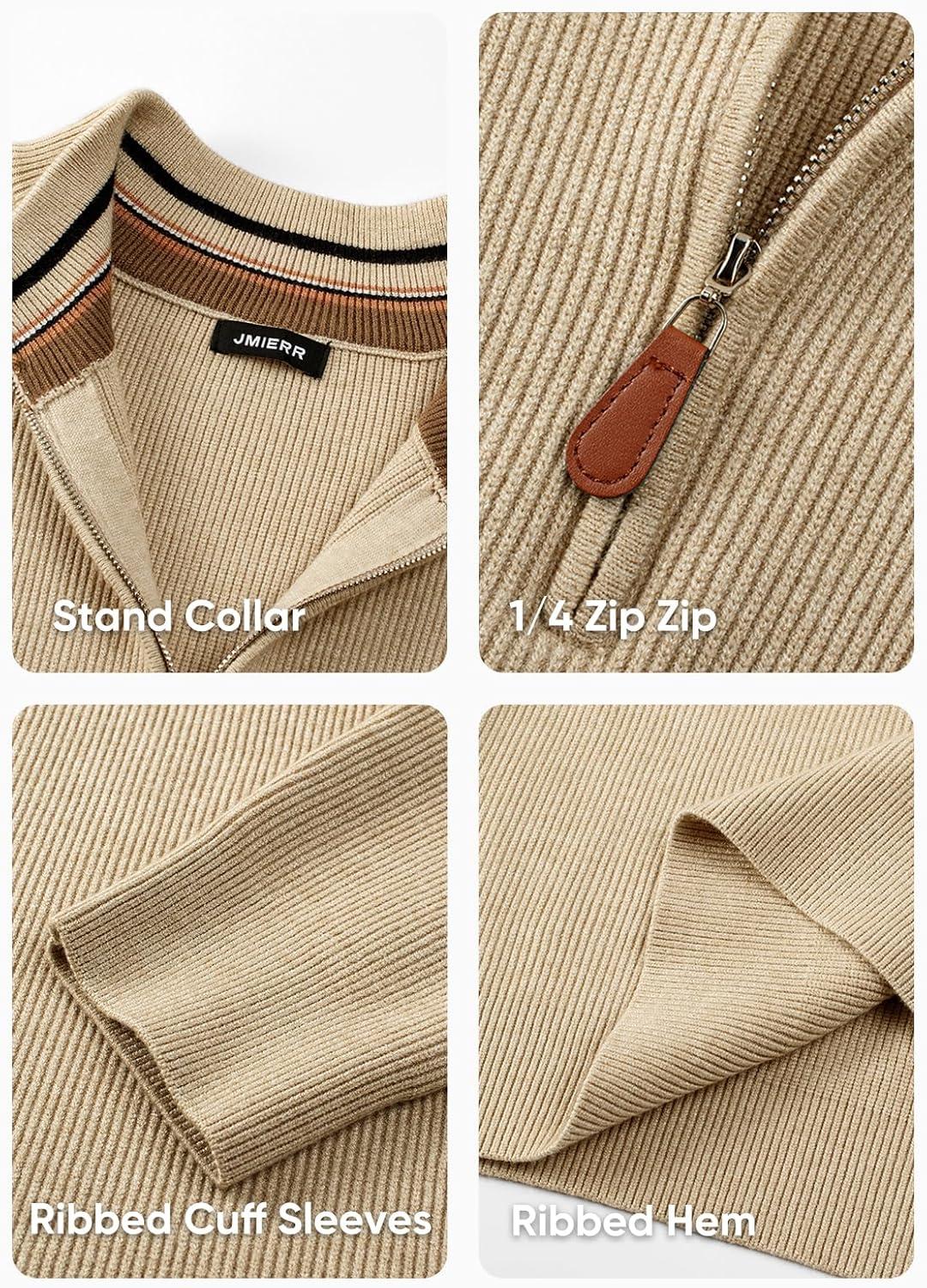 imageJMIERR Mens Quarter Zip Pullover Sweaters Casual Long Sleeve Fall Knit Texture SweaterBeige