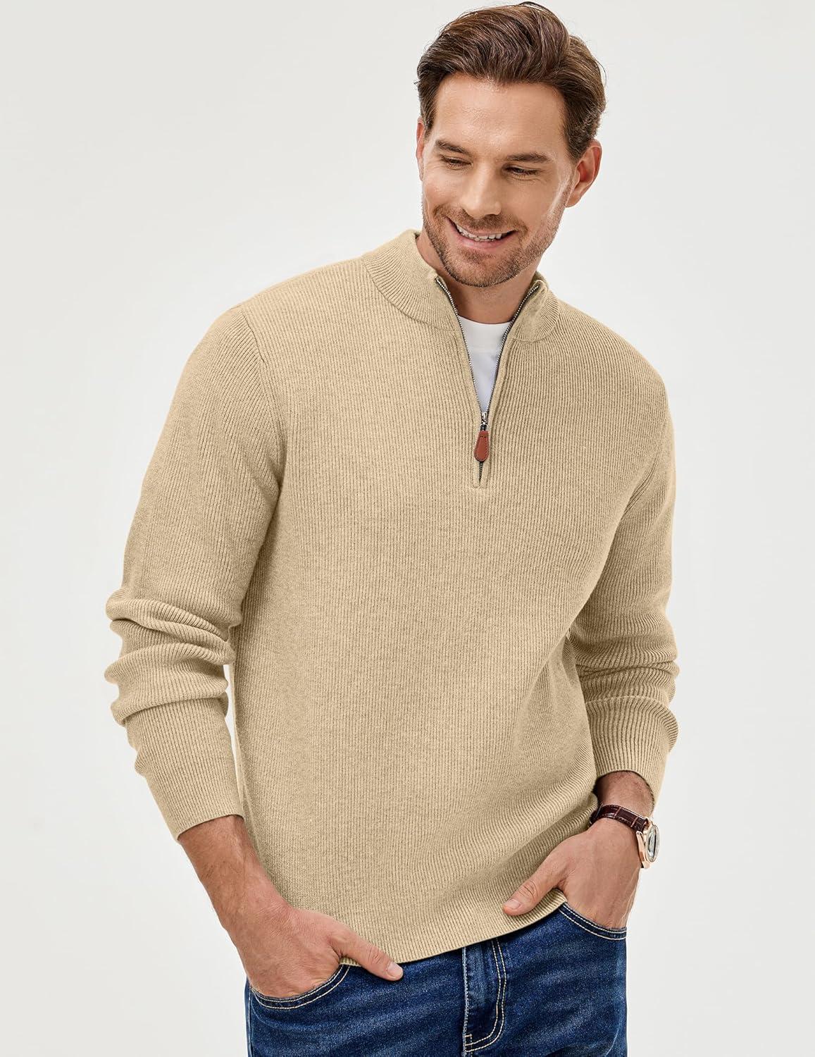 imageJMIERR Mens Quarter Zip Pullover Sweaters Casual Long Sleeve Fall Knit Texture SweaterBeige