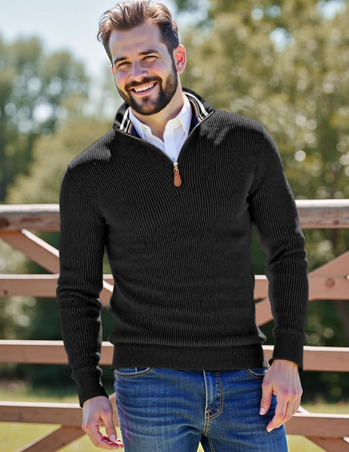 imageJMIERR Mens Quarter Zip Pullover Sweaters Casual Long Sleeve Fall Knit Texture SweaterBlack