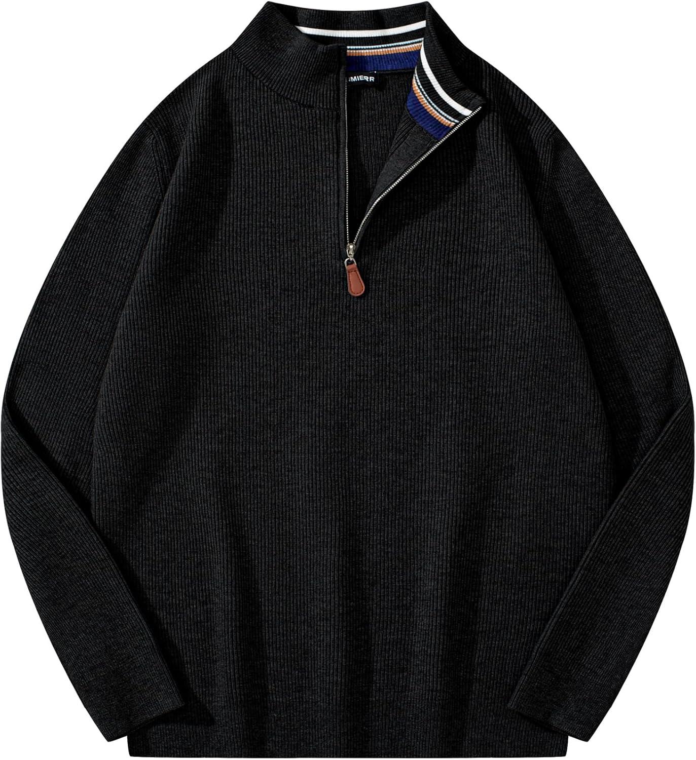 imageJMIERR Mens Quarter Zip Pullover Sweaters Casual Long Sleeve Fall Knit Texture SweaterBlack